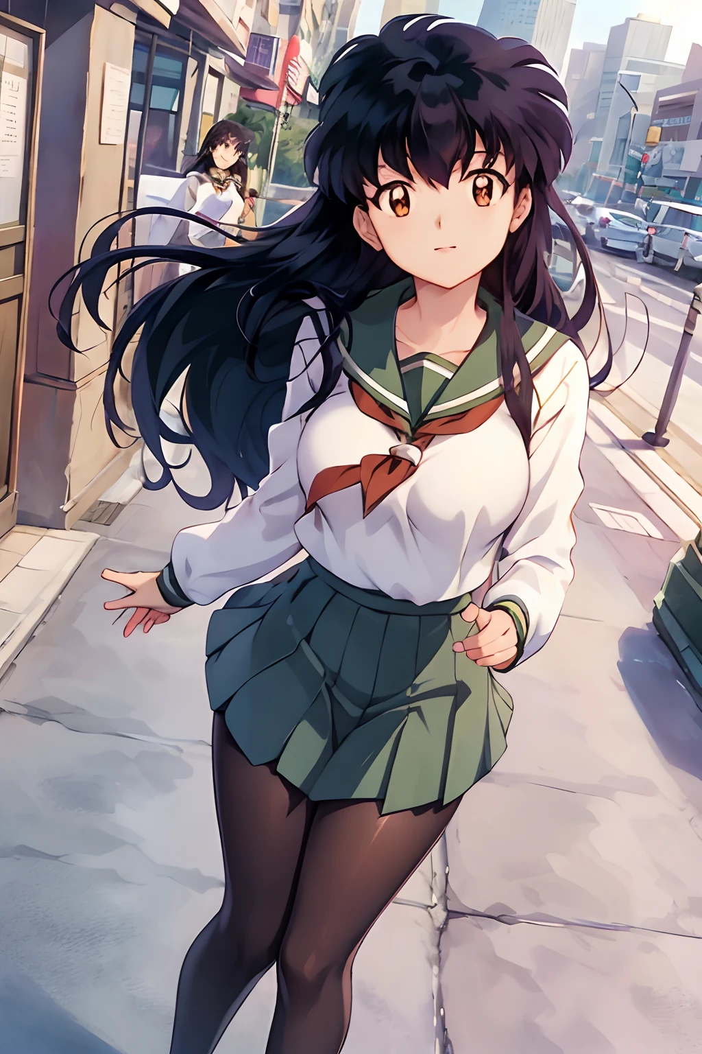 (Best Quality), 1Woman,1girl Kagome Higurashi, brown eyes, full body, photorealistic, (hyperrealistic:1.2), perfect eyes, perfect face, perfect lighting, outdoors, warm colors, city, school uniform, happy, , walking,, smile, pantyhose green