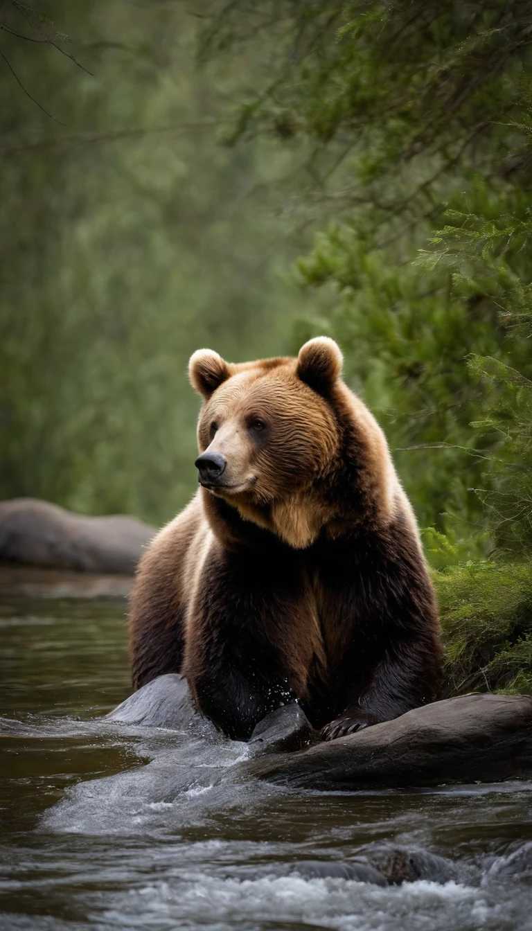 "Por favor, crie uma imagem que retrate a diversidade e a majestade dos ursos na natureza. Highlight different species of bears, como o urso panda, in a setting that represents your natural habitat. Convey the agility of bears by showing one of them swimming in a river and another climbing a tree. Include elements that show the exceptional memory of these creatures, such as the location of feeding locations. Remember to represent the hibernation of bears in winter, com um urso recolhido em uma toca. Capture the cultural importance of bears by including symbols and elements that relate them to legends and myths. Make the image a celebration of the extraordinary life of bears in the wild."