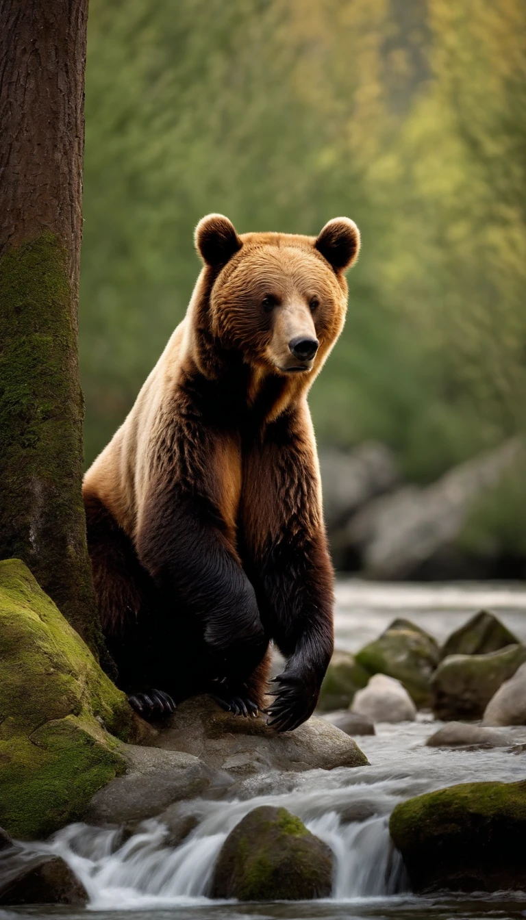"Por favor, crie uma imagem que retrate a diversidade e a majestade dos ursos na natureza. Highlight different species of bears, como o urso panda, in a setting that represents your natural habitat. Convey the agility of bears by showing one of them swimming in a river and another climbing a tree. Include elements that show the exceptional memory of these creatures, such as the location of feeding locations. Remember to represent the hibernation of bears in winter, com um urso recolhido em uma toca. Capture the cultural importance of bears by including symbols and elements that relate them to legends and myths. Make the image a celebration of the extraordinary life of bears in the wild."