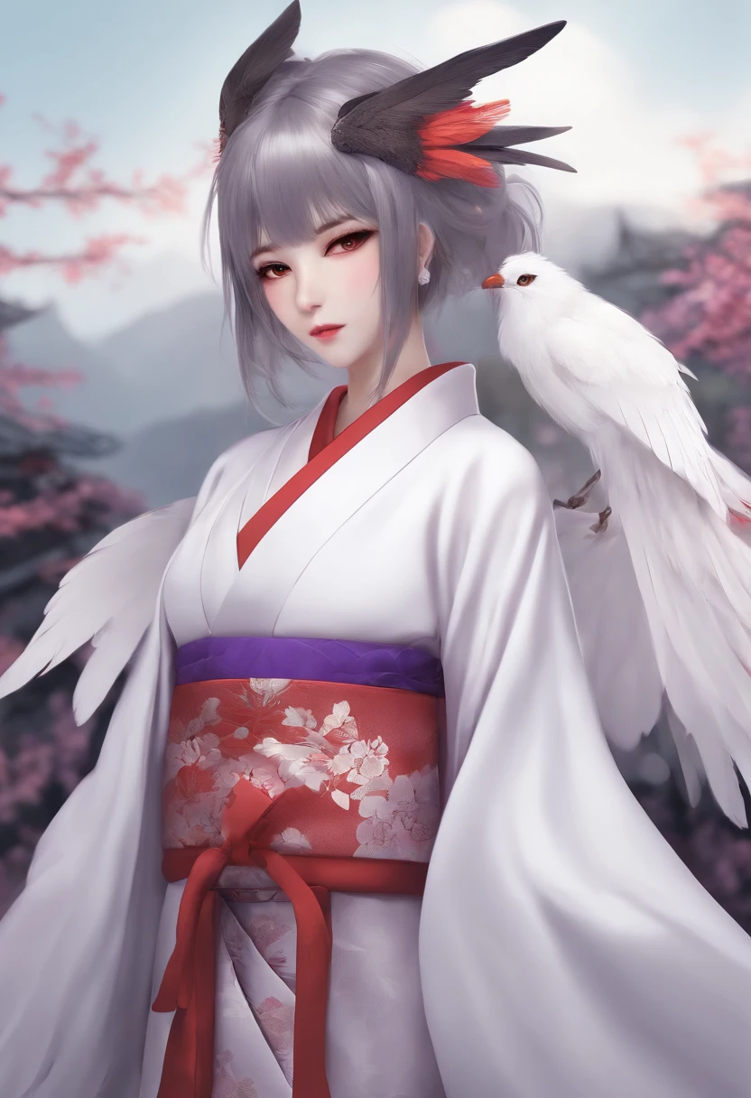 Man, Tengu, Onmyoji, Bird's Beak, Shaggy, Gray Hair, White Feathers, Long Wings, Purple Pupils, Kimono, big naked tits, Japanese Style, Simple Background