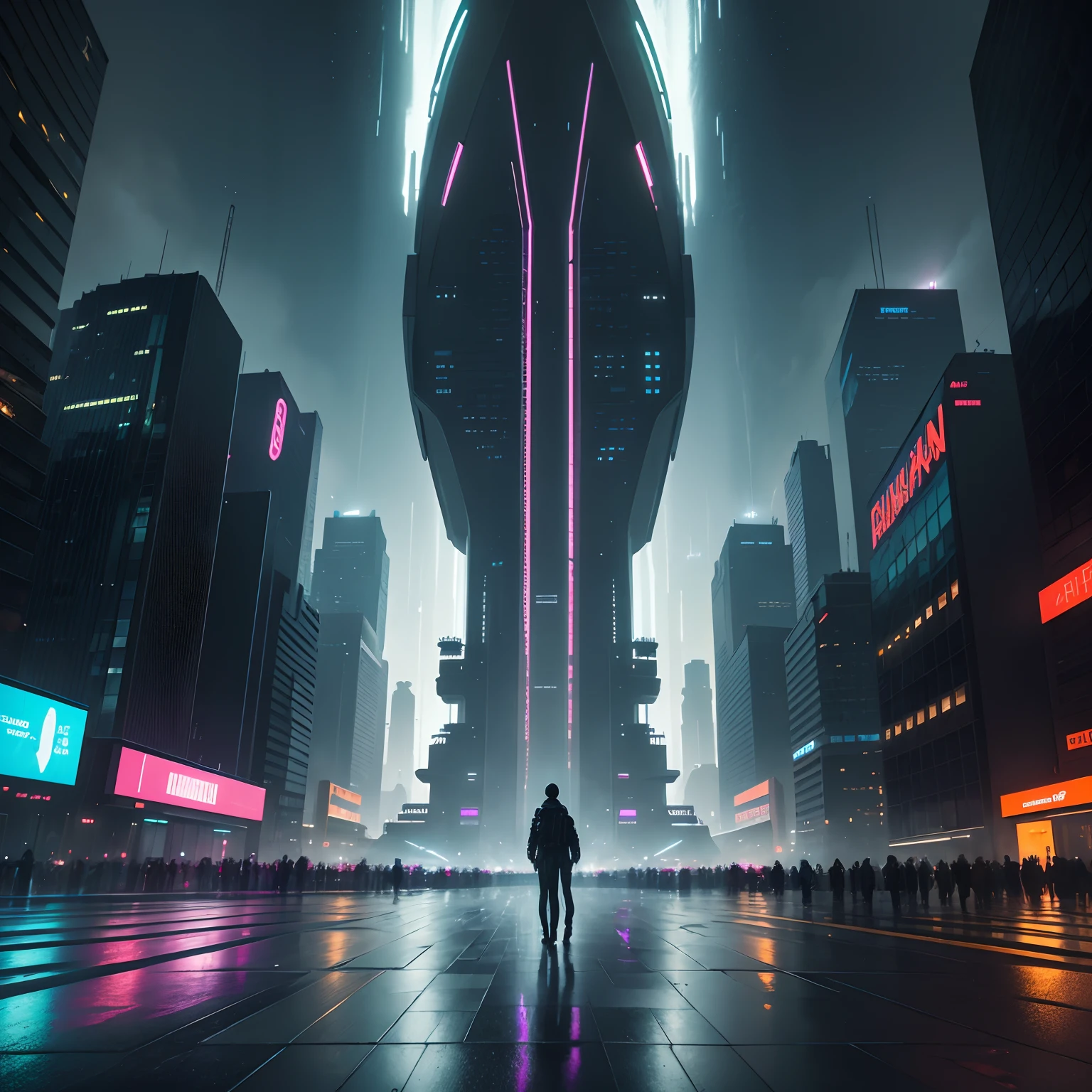 As an AI master of the art of painting, envision a mesmerizing artwork that brings to life a cyberpunk future city. The intricately detailed composition showcases a sprawling metropolis that merges cutting-edge technology with a dystopian aesthetic.

The focal point of the painting is a towering megacity with sleek and angular architecture that reaches towards the sky. The cityscape features towering skyscrapers adorned with holographic billboards and luminous neon lights that illuminate the night sky. These colossal structures are interconnected by a vast network of elevated highways and bridges, forming a complex labyrinth of mesmerizing outlines that guide the viewer's gaze through the scene.

The scene is encapsulated within a dystopian atmosphere, with a dark and moody ambiance enhanced by heavy rainfall. The raindrops cascade down the glass windows and shimmer under the glow of neon lights, adding a sense of mystery and intrigue to the scene. The rainwashed streets glisten under the reflections of luminous signs and futuristic vehicles, creating an immersive and dynamic atmosphere.

The city's ground level is a bustling urban landscape occupied by a diverse mix of people, androids, and cyborgs. Citizens traverse the streets, wearing futuristic attire that emphasizes the fusion of fashion and technology. The buildings lining the streets showcase unique architectural designs, their facades adorned with immense screens displaying interactive information and augmented reality advertisements.

As the viewer's gaze explores the 360-degree panoramic view, various districts within the city become apparent. A sprawling industrial district features towering smokestacks and factories that belch smoke and steam into the air, evoking a sense of a world perpetually caught in a state of technological advancement. In stark contrast, a glimmering corporate district showcases pristine glass buildings with mirrored surfaces, symbolizing the omnipresent influence of pow