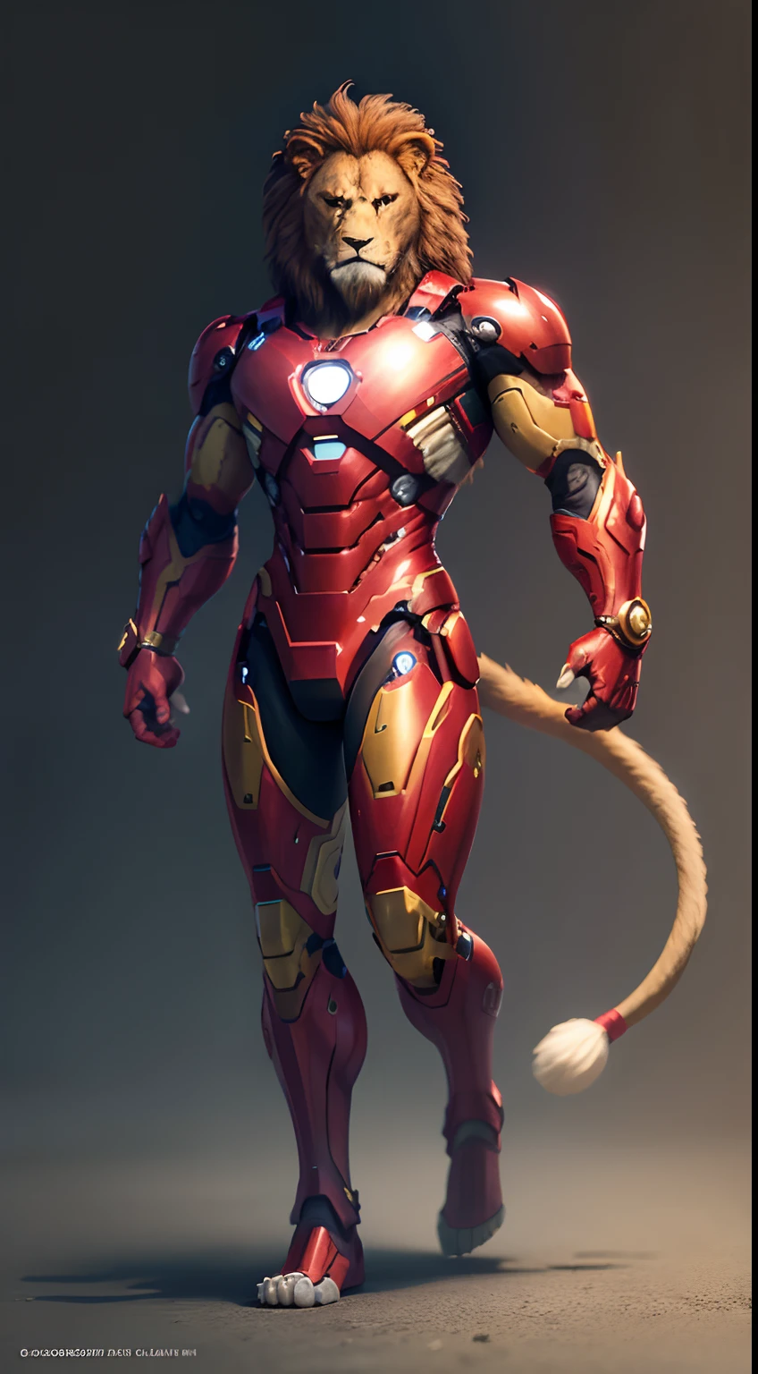 Full body potrait, a humanoid lion-ironman, male, have a tail, have a claws, foot like a lion foot, profesional photo shoot, high detailed, ultra hd image, realistic