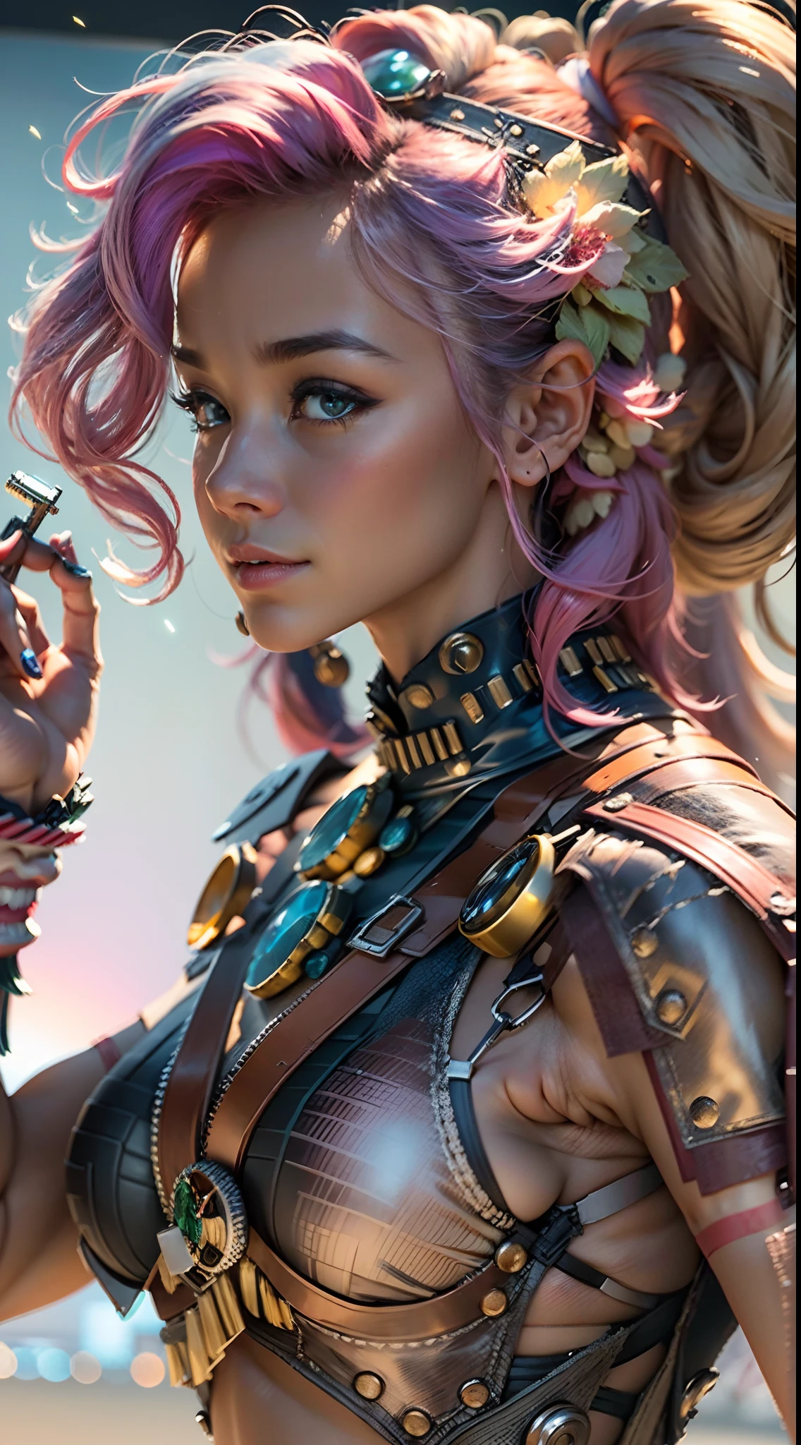 (nvinkpunk:1.2) (estilo snthwve:0.8) uma mulher, anthro, lightwave, sun sunset, intrincado, (((illustration, arte de Carne Griffiths e Wadim Kashin, fundo branco))), ((fotoretrato do rosto:1.5))