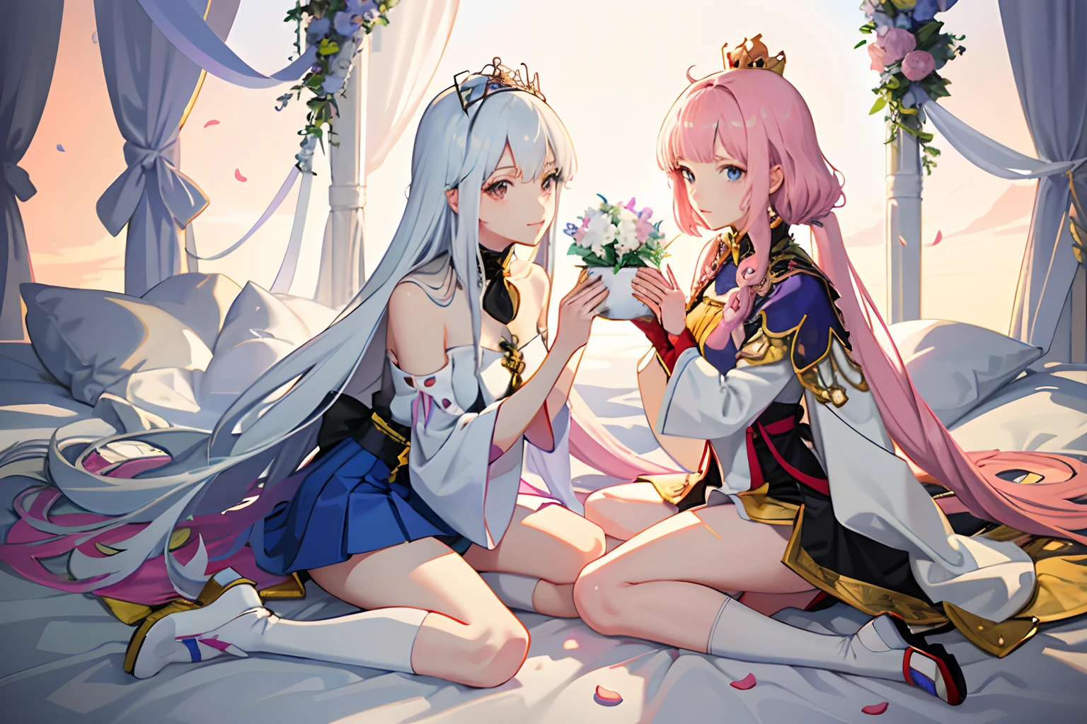 Two anime characters sitting on the ground,Stick together in an ambiguous pose,With flowers as a background, two beautiful anime girls, Wearing short skirts, queen and ruler of the universe, The Flower Prince is crowned king, The king recited hymns to the princess, Anime kangaroo, High-quality fan art, zero zen art, 80s anime style with 14% influencer, Destiny anime style/stay night, overnight with, 4k manga wallpapers, Anime Pictures.