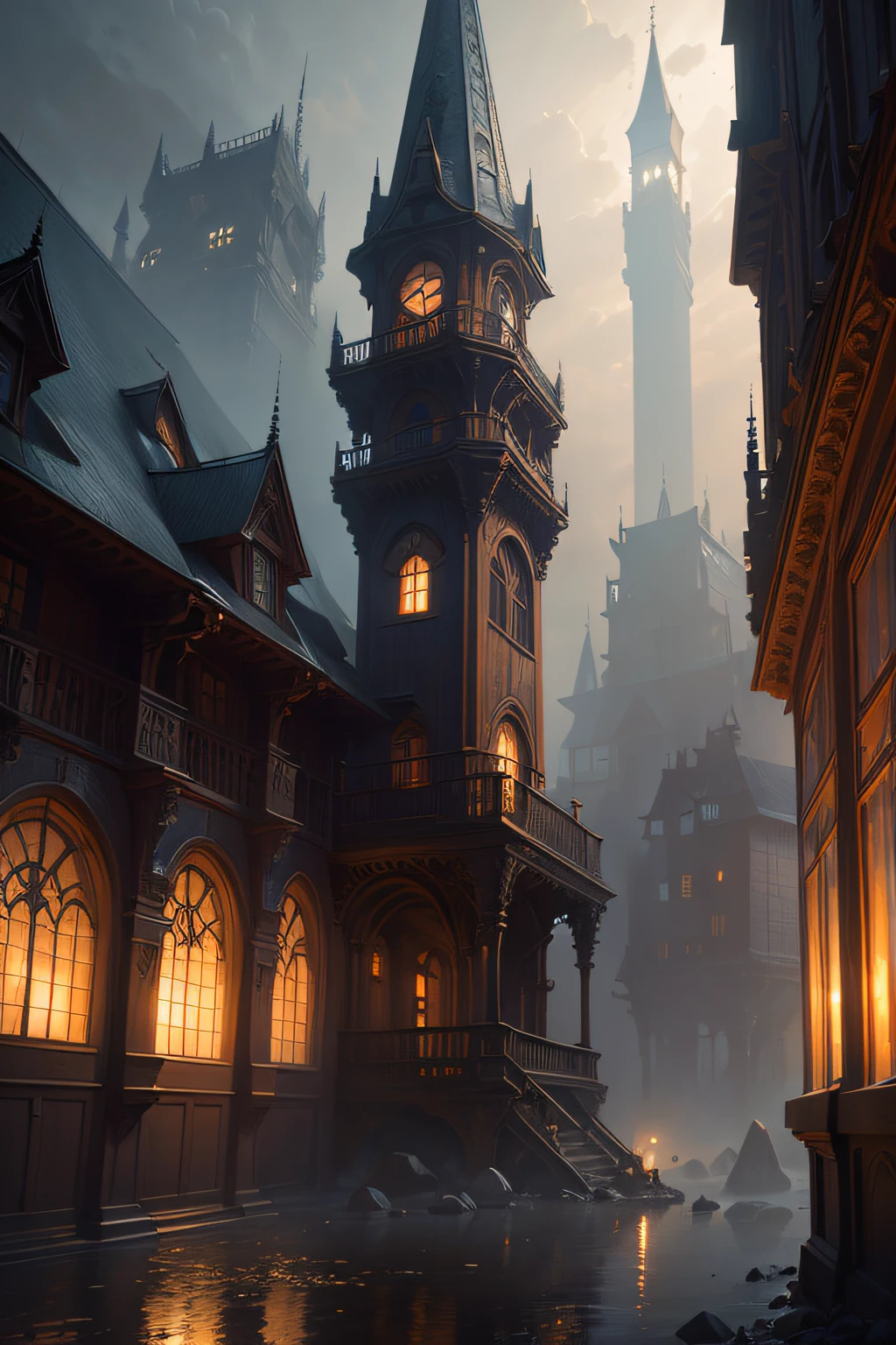 myst, De Thomas Kinkade, Aron Wiesenfeld, Bexinki and Adrianus Eversen and Gediminas Plankevisius and Escher, Intricately sophisticated textures, Matte painting details, dark colored, magnifica, intricate detailes