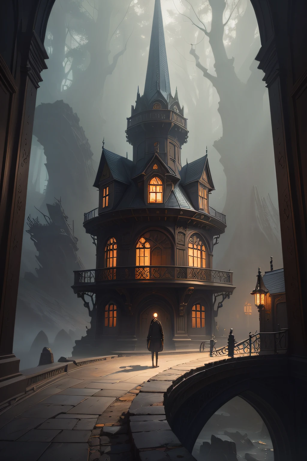 myst, De Thomas Kinkade, Aron Wiesenfeld, Bexinki and Adrianus Eversen and Gediminas Plankevisius and Escher, Intricately sophisticated textures, Matte painting details, dark colored, magnifica, intricate detailes