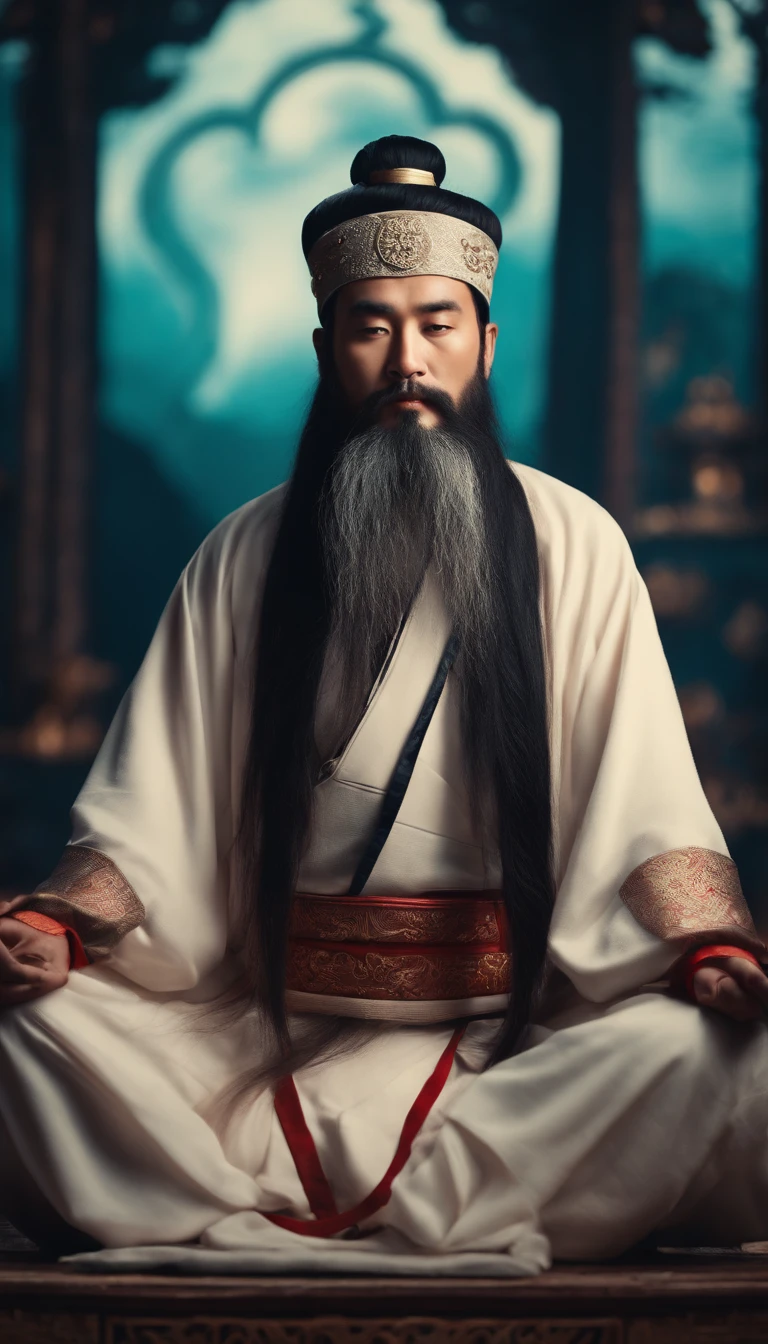 Young male Taoist leader in China，Long beard，Meditate cross-legged, at centre，Very bright colors,lunar backdrop， Light particles, with light glowing, Mshiv, wallpaper art, UHD wallpaper