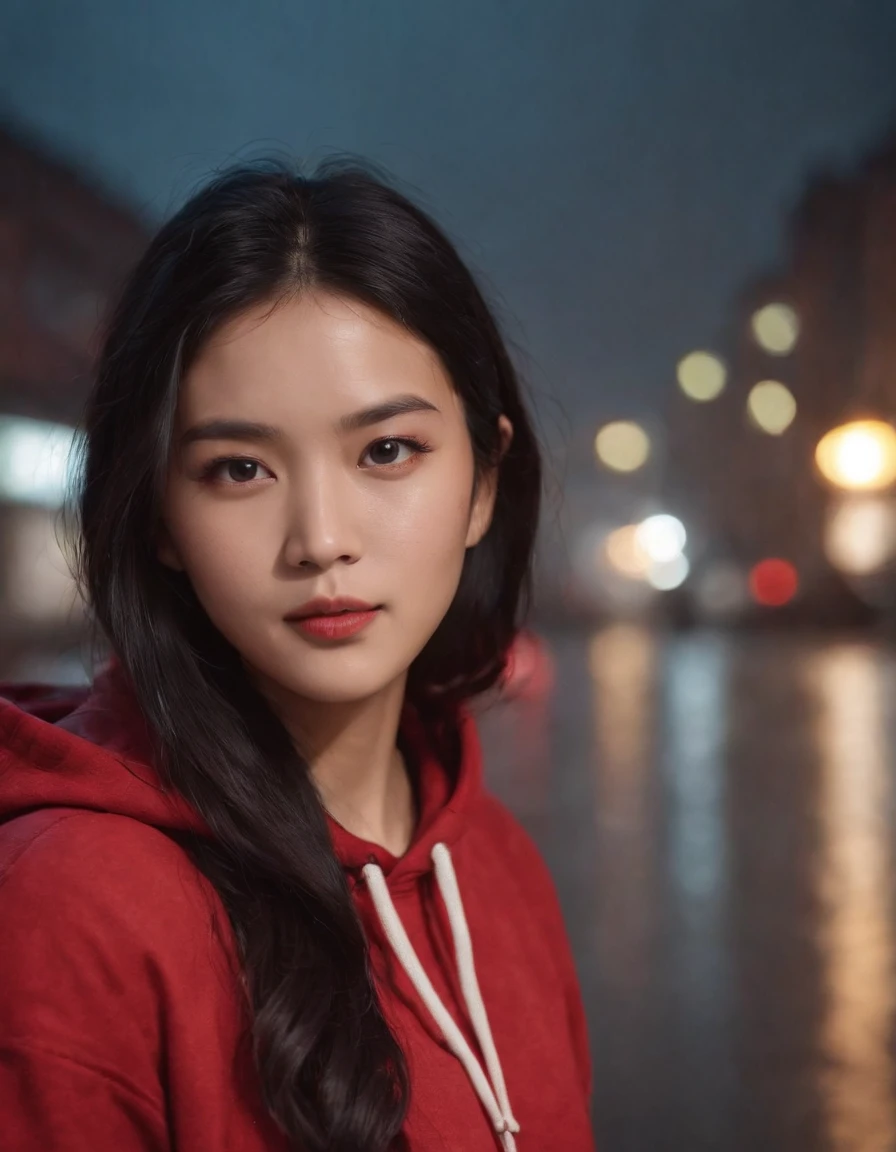 one young woman，Asian people，Black color hair，with brown eye，Wear a red hoodie, On the streets soaked with rain at night