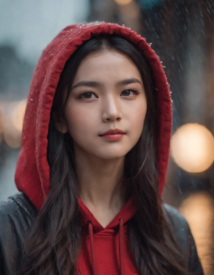 one young woman，Asian people，Black color hair，with brown eye，Wear a red hoodie, On the streets soaked with rain at night