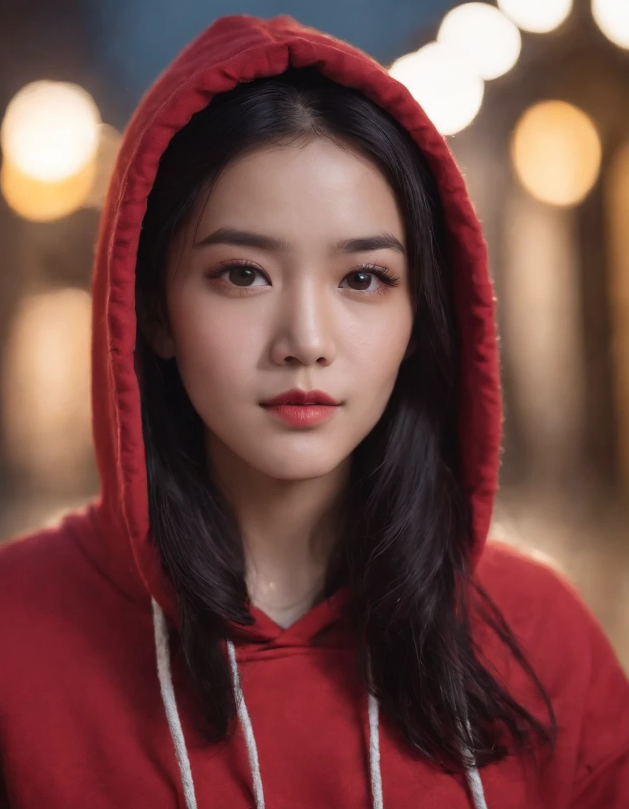 one young woman,Asian people,Black color hair,with brown eye,Wear a red hoodie, On the streets soaked with rain at night