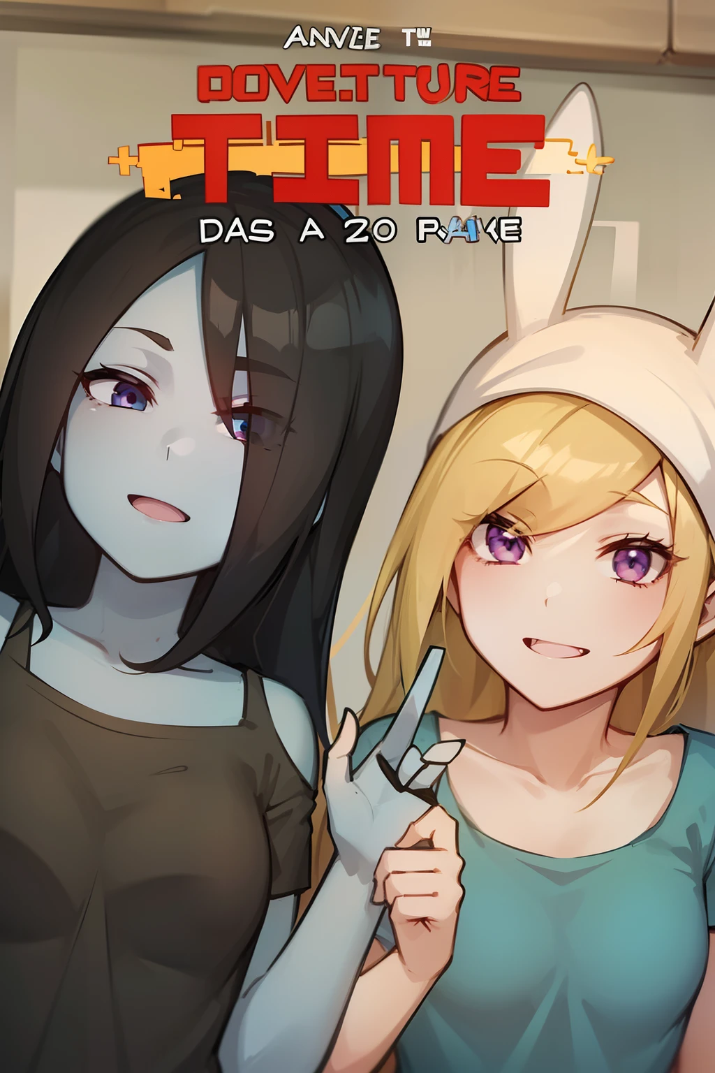 cartoon picture of two women with bunny ears and a blue shirt, anime styled, adventure time, Fionna, Marceline