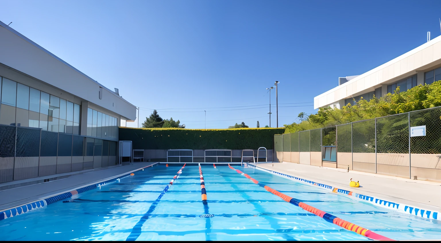 There is a large swimming pool with multiple yellow lines, gofl course and swimming, swimming pools, Swimming, makoto sinkai, Front pool, Swimming pool, Beautiful blue sky, japanese high school, shinkai, Swimming pools in Greece, in a pool, in poolside, CLEAN IMAGE, 🌻🎹🎼, swimmer々, olympic diving springoard, trending photo