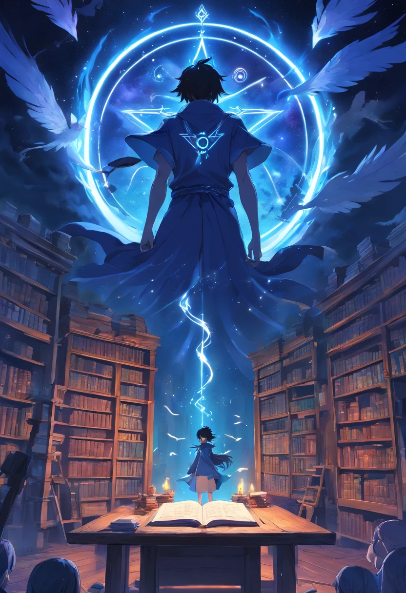 death,blood,night, dark, (Fantasy),Infinite,deep blue sky,The abyss of knowledge,knowledge,((masterpiece)), (((best quality))),((beautiful detailed eyes)),(eyelash),Monster,(1 boy),black hair,wavy hair,abyss eyes,Shiny skin,oil,(bird body,feather),Wearing Rags of cloth, Tzeentch,elf,extremely detailed CG unity 8k wallpaper,masterpiece, ((ultra-detailed)), ((illustration)),colorful,wallpaper,energy,Unknown terror,arcane,Around the magic,magic surrounds,magic rod,book,pages flying all over the sky,Know it all,Predicting the Future,Know the past,Infinite wisdom,blue flame,Warlock,Magical Circle,Pentagram,incantation,mantra,Singing magic,