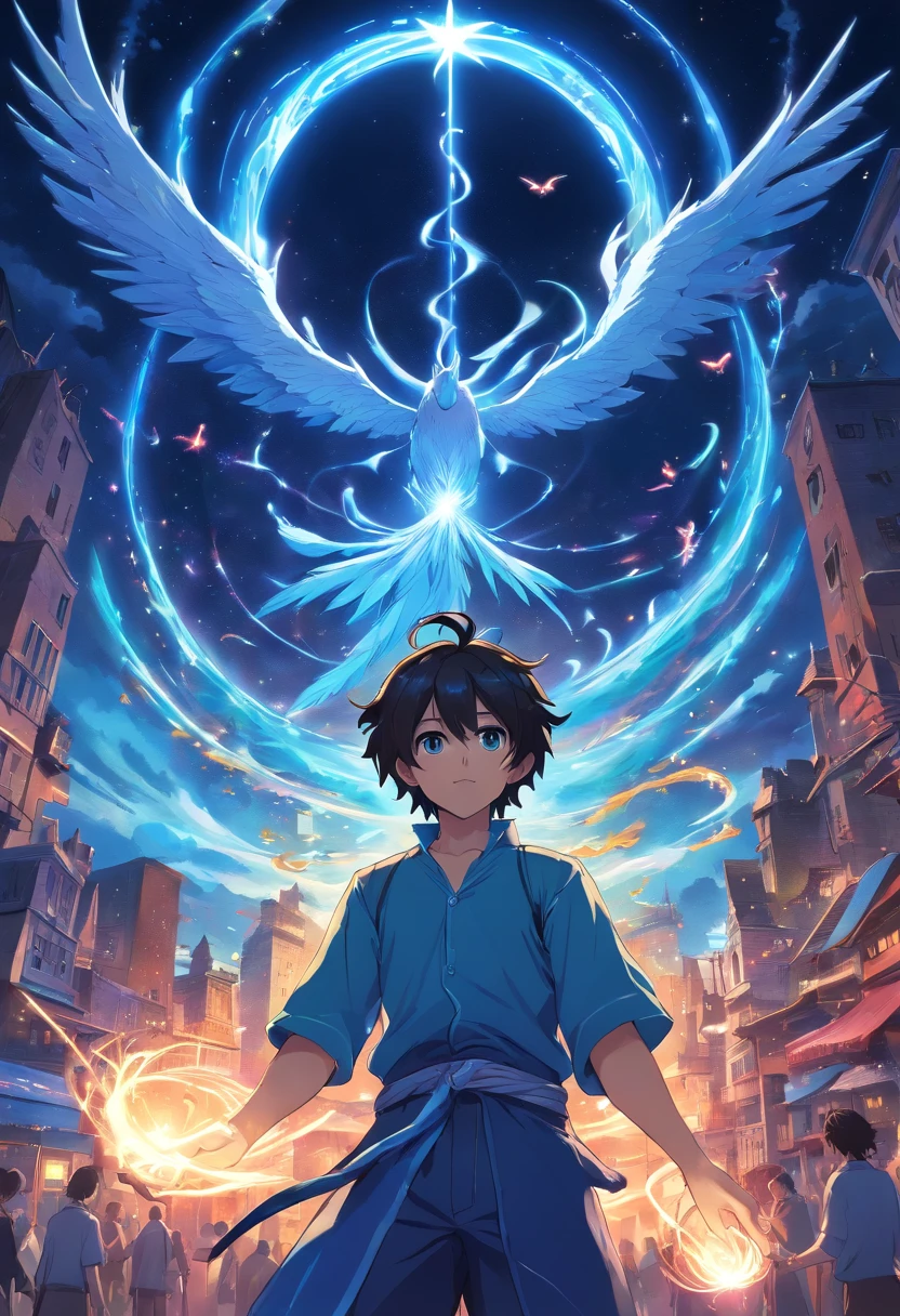 death,blood,night, dark, (Fantasy),Infinite,deep blue sky,The abyss of knowledge,knowledge,((masterpiece)), (((best quality))),((beautiful detailed eyes)),(eyelash),Monster,(1 boy),black hair,wavy hair,abyss eyes,Shiny skin,oil,(bird body,feather),Wearing Rags of cloth, Tzeentch,elf,extremely detailed CG unity 8k wallpaper,masterpiece, ((ultra-detailed)), ((illustration)),colorful,wallpaper,energy,Unknown terror,arcane,Around the magic,magic surrounds,magic rod,book,pages flying all over the sky,Know it all,Predicting the Future,Know the past,Infinite wisdom,blue flame,Warlock,Magical Circle,Pentagram,incantation,mantra,Singing magic,