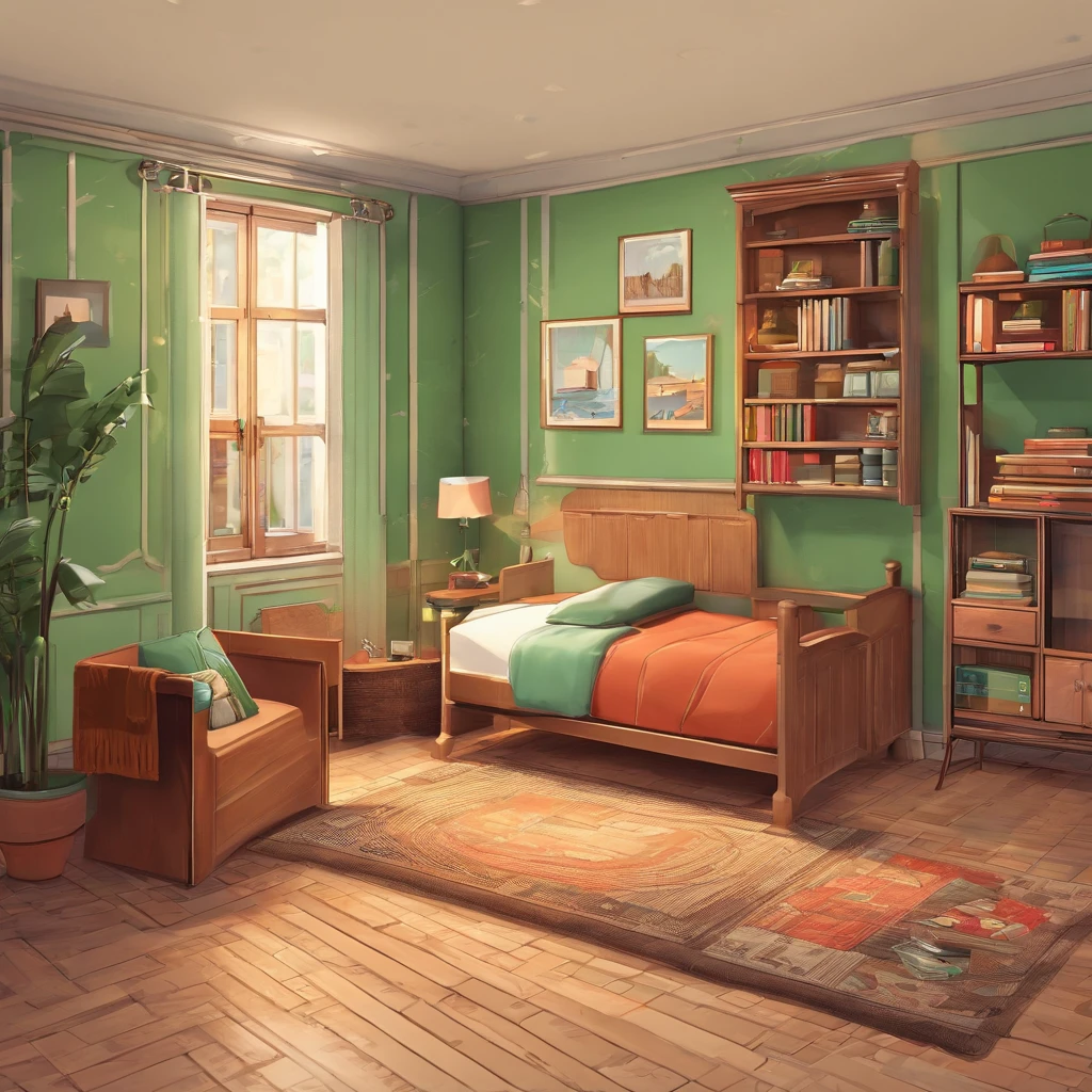 There was a boy's room ( There is a bed in the middle of the room ),The room should be decorated with a green color,Rustic décor, (Desk with pencil, Notebooks and textbooks), (Chair in front of the table), (Wardrobe with double doors ), carpets, wall clock, A mural, (There are several books on the shelves), Full-length lens. The width and dimensions of the rooms are the same, Breadth or depth. Here is a screenshot of the game. This image captures furniture, Families and lifestyles in the United States in the 1950s.