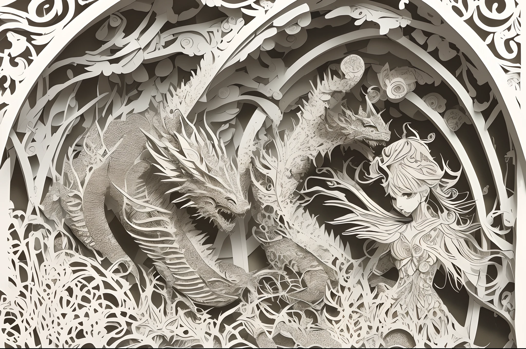 mdjrny-pprct, a girl and a dragon, great work of art, very detailed, best quality, award-winning paper cutting work