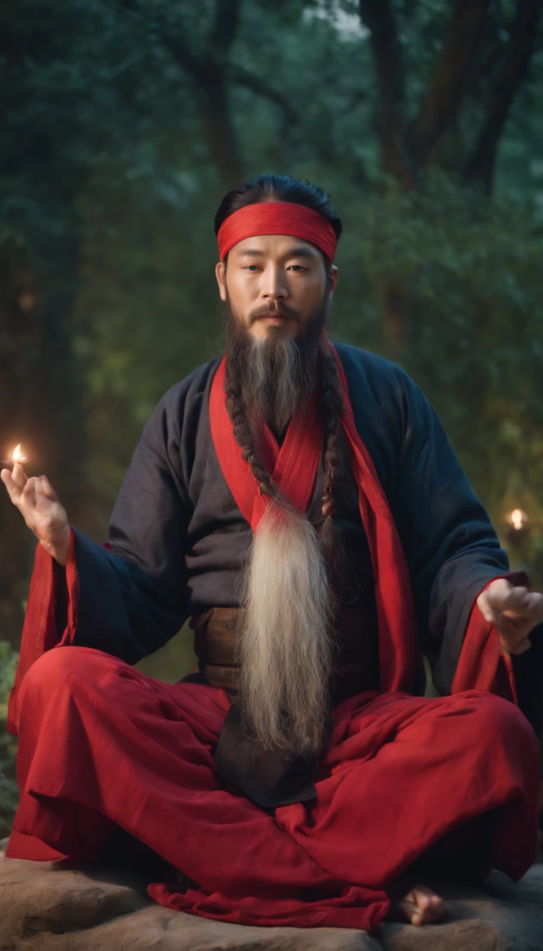 Young male Taoist leader in China，Long beard，Meditate cross-legged, at centre，Very bright colors,lunar backdrop， Light particles, with light glowing, Mshiv, wallpaper art, UHD wallpaper