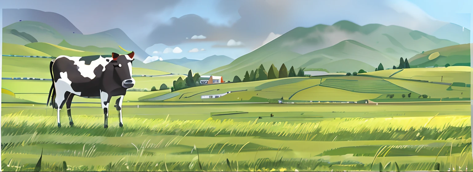 There was a cow standing in the grass, Landscape illustration, anime countryside landscape, grass mountain landscape, natural landscape background, farm field background, Landscape background, Detailed 2D illustration, farm background, Beautiful Landscape Background, amazing landscape in background, scenic environment, grass field, meadow background, Countryside, Highly detailed illustration.”, Natural landscape, lindo cenario