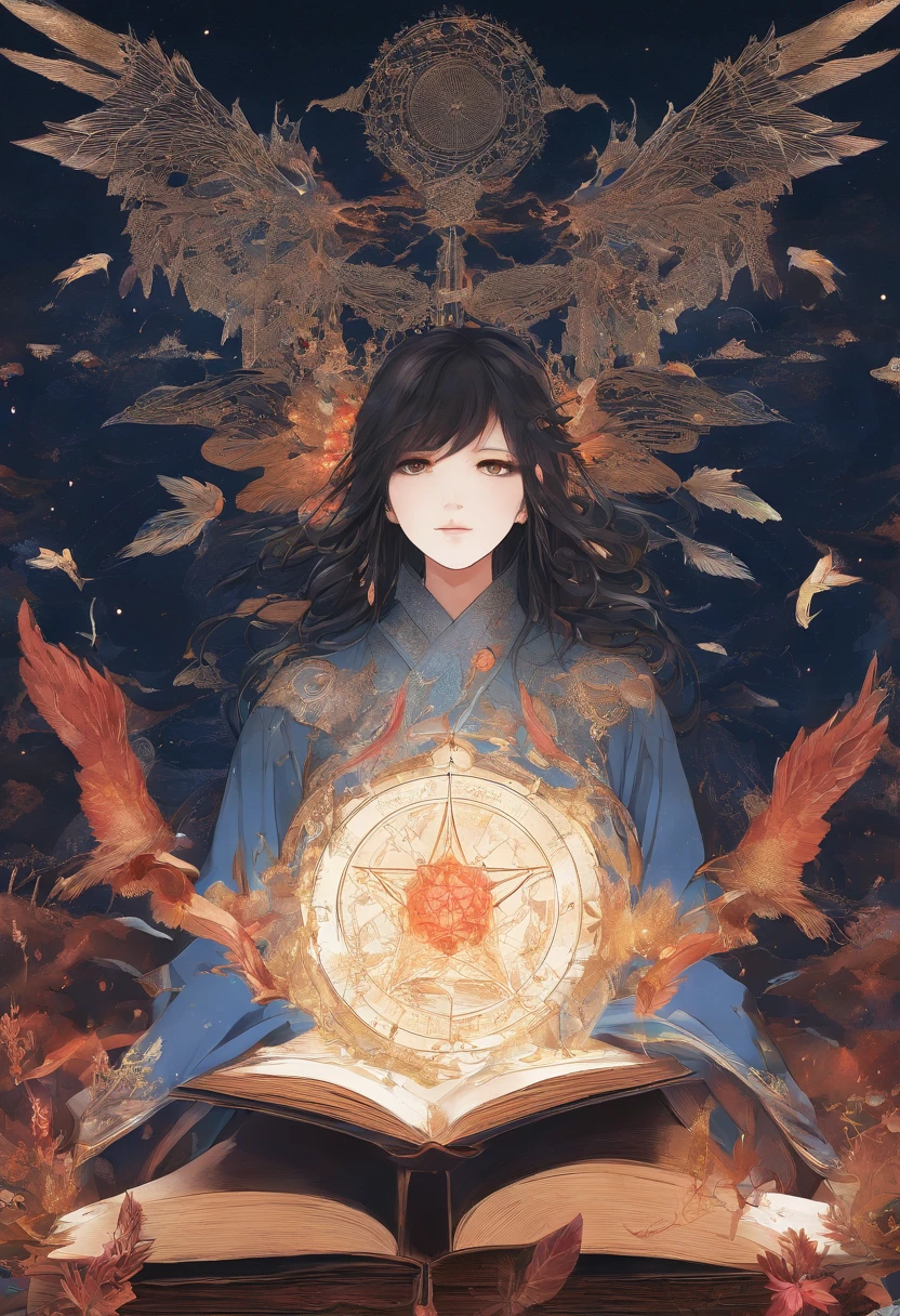 death,blood,night, dark, (Fantasy),Infinite,deep blue sky,The abyss of knowledge,knowledge,((masterpiece)), (((best quality))),((beautiful detailed eyes)),(eyelash),Monster,(1 boy),black hair,wavy hair,abyss eyes,Shiny skin,oil,(bird body,feather),Wearing Rags of cloth, Tzeentch,elf,extremely detailed CG unity 8k wallpaper,masterpiece, ((ultra-detailed)), ((illustration)),colorful,wallpaper,energy,Unknown terror,arcane,Around the magic,magic surrounds,magic rod,book,pages flying all over the sky,Know it all,Predicting the Future,Know the past,Infinite wisdom,blue flame,Warlock,Magical Circle,Pentagram,incantation,mantra,Singing magic,