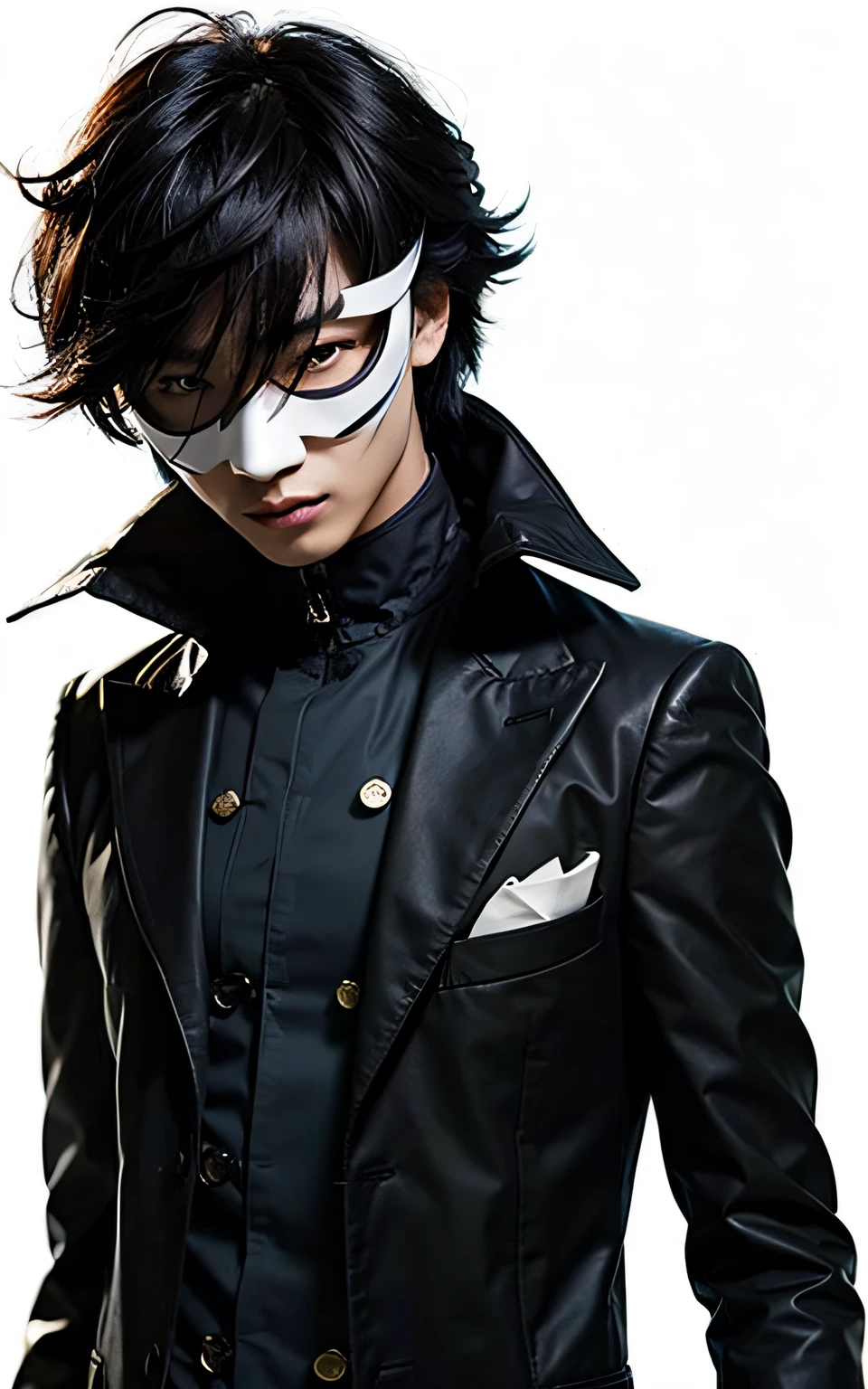 A young asian man wearing a mask with black long coat, ultra realistic, high quality, detailed face