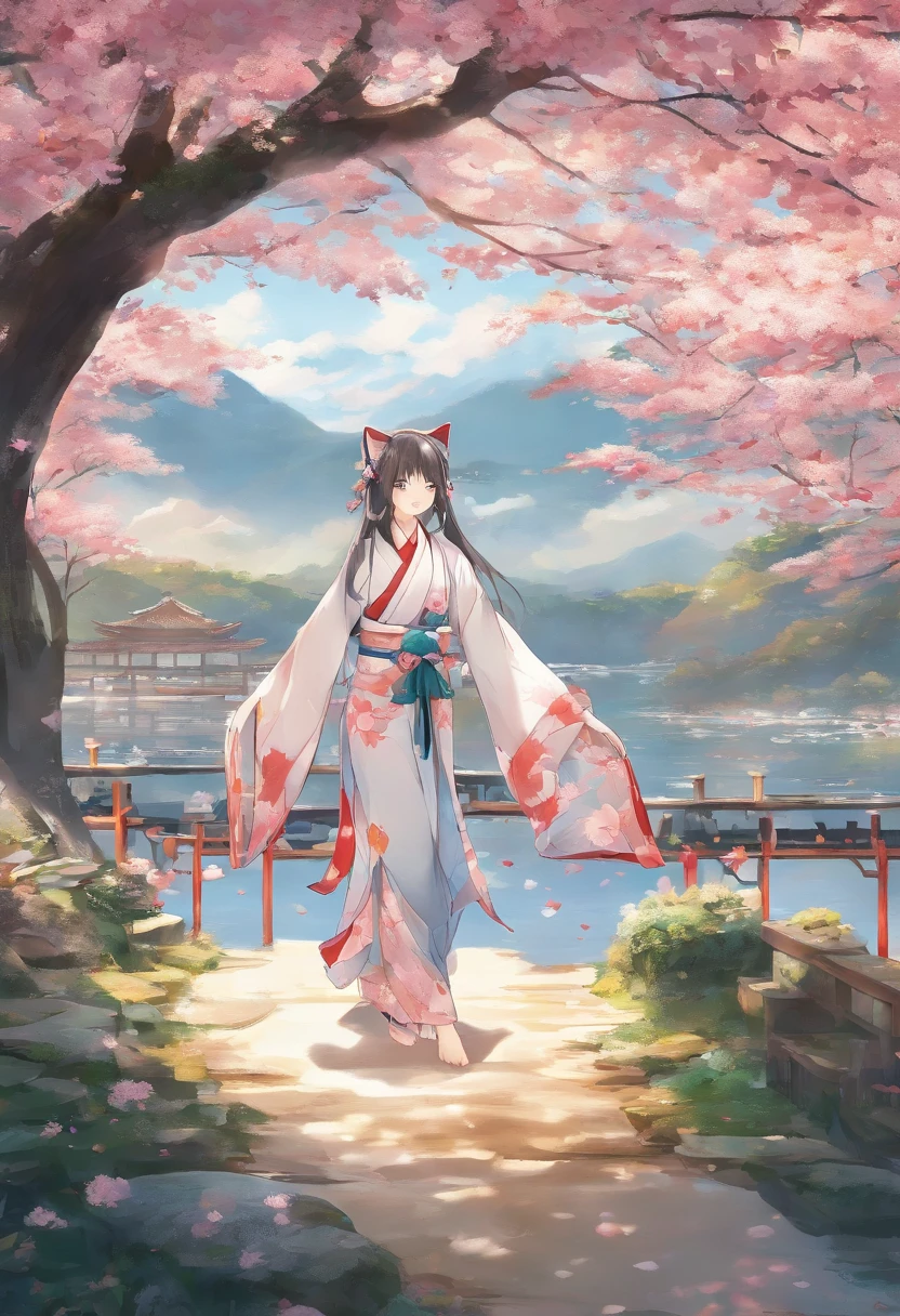 (best quality,4k,8k,highres,masterpiece:1.2),ultra-detailed,realistic,un poco surrealista:1.37,a girl-fox walking,beautiful detailed eyes,beautiful detailed lips,extremely detailed face,long eyelashes,1girl,traditional japanese temple,full of cherry blossoms,crimson red torii,soft pink petals,gentle breeze,faint scent of sakura,tranquil atmosphere,sunlight casting a soft blue hue,serene surroundings,peaceful ambiance,dreamlike landscape,vibrant colors,harmonious blend of nature and architecture,fantastical vibe,whimsical feel,warm sunlight filtering through the cherry blossom canopy,colorful kimono fluttering lightly,ethereal beauty,graceful posture,fox-like ears peeking through her hair,fox tail swaying gently,playful and mysterious,blending into the scenery,transported to a different world,unexpected encounter with magic and wonder.