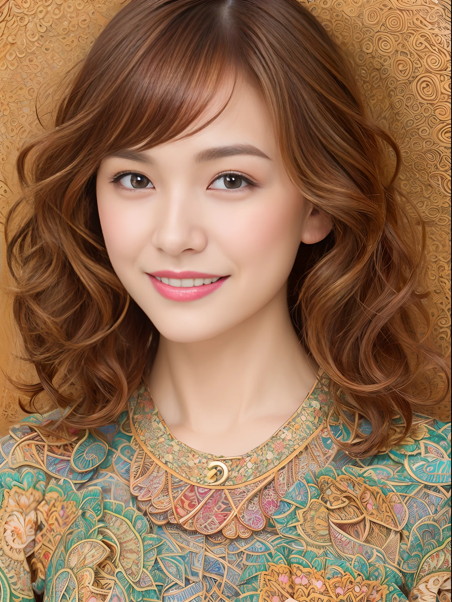 (Ultra detailed backgrounds、detailedbackground)、absurderes、Hi-Res、ultra-detailliert、ighly detailed、1womanl、(Floral clothing)、(Zentangle:1.2)、(fractals:1.2)、(colourfull)、(light brown hair、waved hair、short-hair:1.3)、A slight smil