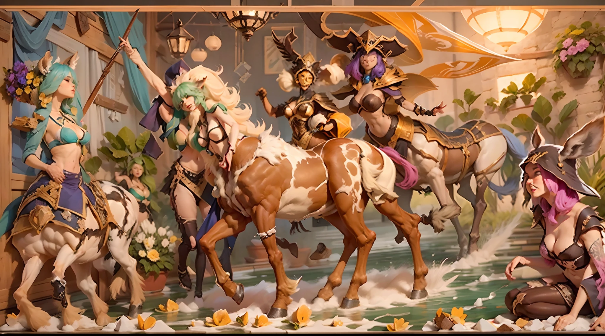 In the beautiful illustration of this super-grand scene，The ultra-distant lens shows us（Over eight separate and distinctive centaur characters：9.9），They all have their own characteristics，Vivid and interesting。Radiant from the heavens（Angelic centaurs：6.6），To nightmarish is（Centaurs surrounded by flames：6.6）、And then to the wind dancing in the air（Fairy centaurs：6.6）、And thunder and lightning surrounding（One-horned centaur：6.6），and shining metallic ones（Mechanical style centaur：6.6）、And then（A centaur with colorful dragon scales covering the whole body：6.6）The power is powerful、Elegant and agile（Elf centaur's slenderness：6.6）Gracefully wears a flower crown、Enchanting and charming（Tiflin centaurs：6.6）、Have the indescribable（Raised sexy：6.6）'s（Succubus centaurs：6.6）。Each character has their own unique charms and abilities。The illustration uses advanced artistic techniques and tools，（Use nesting、woven、stitching、ssee-through、arrange、grouping、Storyboards and other methods，Divide the scene into sections by geometric arrangement：9.9），Each section corresponds to a centaur character，This makes more efficient use of space。Through Midjourney's advanced brush tools、Color palette、Material packs and model packs、Texture tools，For each centaur, beautiful props are designed to increase racial characteristics、Clothing and physical features，（Enhances the character's personality and visual appeal：2.5），The scenery in the illustrations is stunning，There are changing skies、rainbowing、extreme light、Stars and Moon。Incorporating iconic landmarks such as Mount Everest，and fireworks、tranquil lake、Natural and urban elements of waves and neon lights，Creates a magical atmosphere，The centaurs display their unique abilities and equipment in a variety of environments，This is true even in extreme alien landscapes。（Use Midjourney's tools、Material packs、Texture tools、The color palette makes depicting details vivid and realistic：9.9），From complex hairstyles and as well as different racial traits、Body、Ap