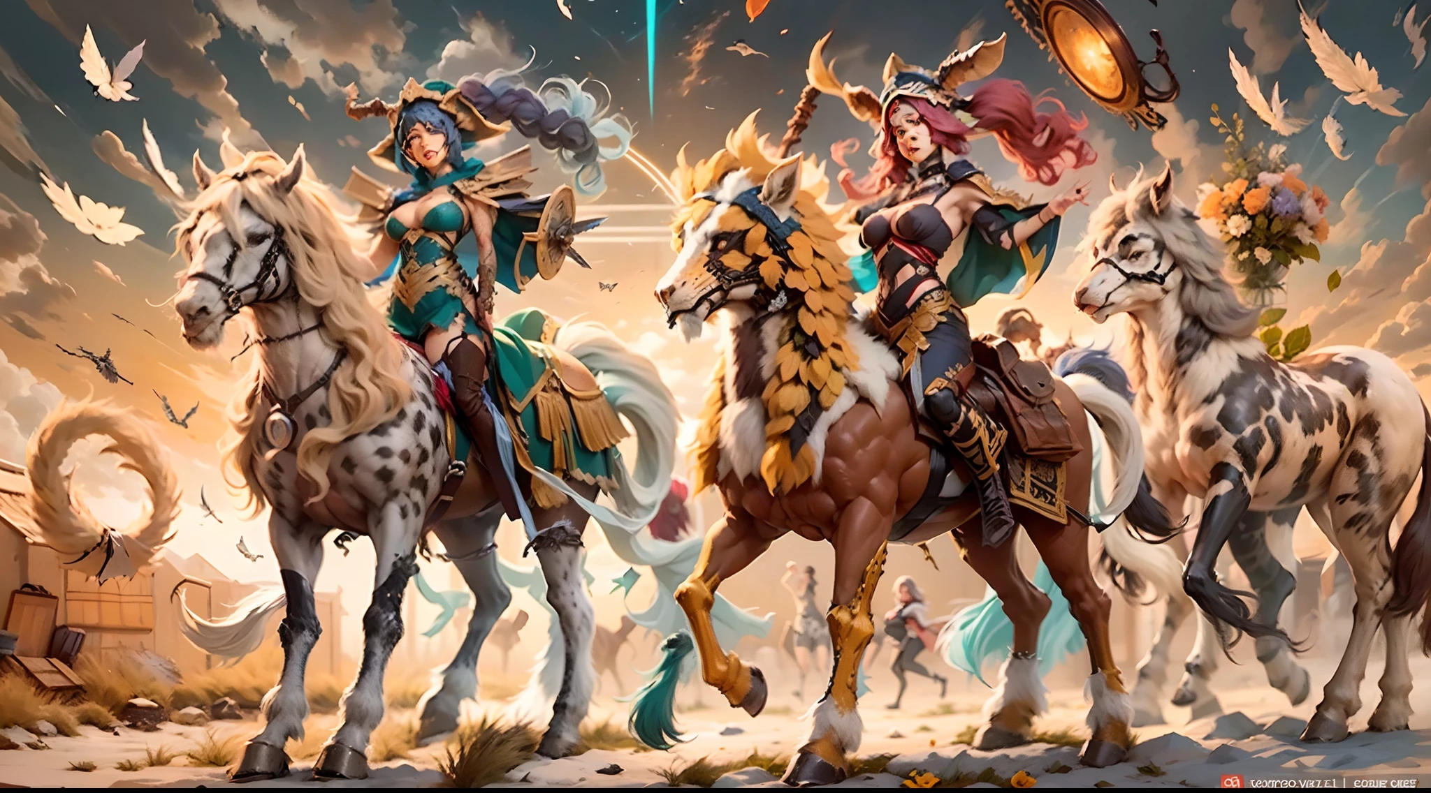 In the beautiful illustration of this super-grand scene,The ultra-distant shot shows eight unique centaur characters,They all have their own characteristics,Vivid and interesting。Radiant angelic centaurs from the heavenly realm,To the hellish centaurs surrounded by nightmarish flames,And then to the Wind Immortal Centaur dancing in the air,There are also one-horned centaurs surrounded by thunder and lightning,and mechanical centaurs that shine with metallic light,And then to the powerful dragon centaur with colored dragon scales covering the whole body,The elegant and agile elf centaur always wears a flower crown with its slender and graceful lines,Enchanting and charming Tiflin centaurs。Each character has their own unique charms and abilities。The illustration uses advanced artistic techniques and tools,Divide the scene into sections by geometric arrangement,Each section corresponds to a centaur character,This makes more efficient use of space。Through Midjourney's advanced brush tools、Color palette、Material packs and model packs,Exquisite costumes and equipment are designed for each centaur,Enhances the character's personality and visual appeal。The scenery in the illustrations is stunning,There are changing skies、rainbowing、extreme light、Stars and Moon。Incorporating iconic landmarks such as Mount Everest,and fireworks、tranquil lake、Natural and urban elements of waves and neon lights,Creates a magical atmosphere。The centaurs showed off their skills and equipment in a variety of environments,This is true even in extreme alien landscapes。Midjourney's tools make depicting details vivid and realistic,From intricate hairstyles and clothing to authentic textures,Enhances the realism of the characters and surroundings。The fusion of multiple art styles adds movement to the centaur's movement at all angles,The overall visual experience is further enriched。The final illustration was described as a "masterpiece",It has the characteristics of "best quality" and "realistic",The d