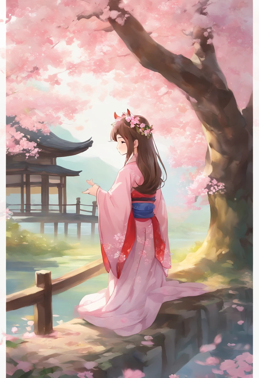 (best quality,4k,8k,highres,masterpiece:1.2),ultra-detailed,realistic,un poco surrealista:1.37,a girl-fox walking,beautiful detailed eyes,beautiful detailed lips,extremely detailed face,long eyelashes,1girl,traditional japanese temple,full of cherry blossoms,crimson red torii,soft pink petals,gentle breeze,faint scent of sakura,tranquil atmosphere,sunlight casting a soft blue hue,serene surroundings,peaceful ambiance,dreamlike landscape,vibrant colors,harmonious blend of nature and architecture,fantastical vibe,whimsical feel,warm sunlight filtering through the cherry blossom canopy,colorful kimono fluttering lightly,ethereal beauty,graceful posture,fox-like ears peeking through her hair,fox tail swaying gently,playful and mysterious,blending into the scenery,transported to a different world,unexpected encounter with magic and wonder.
