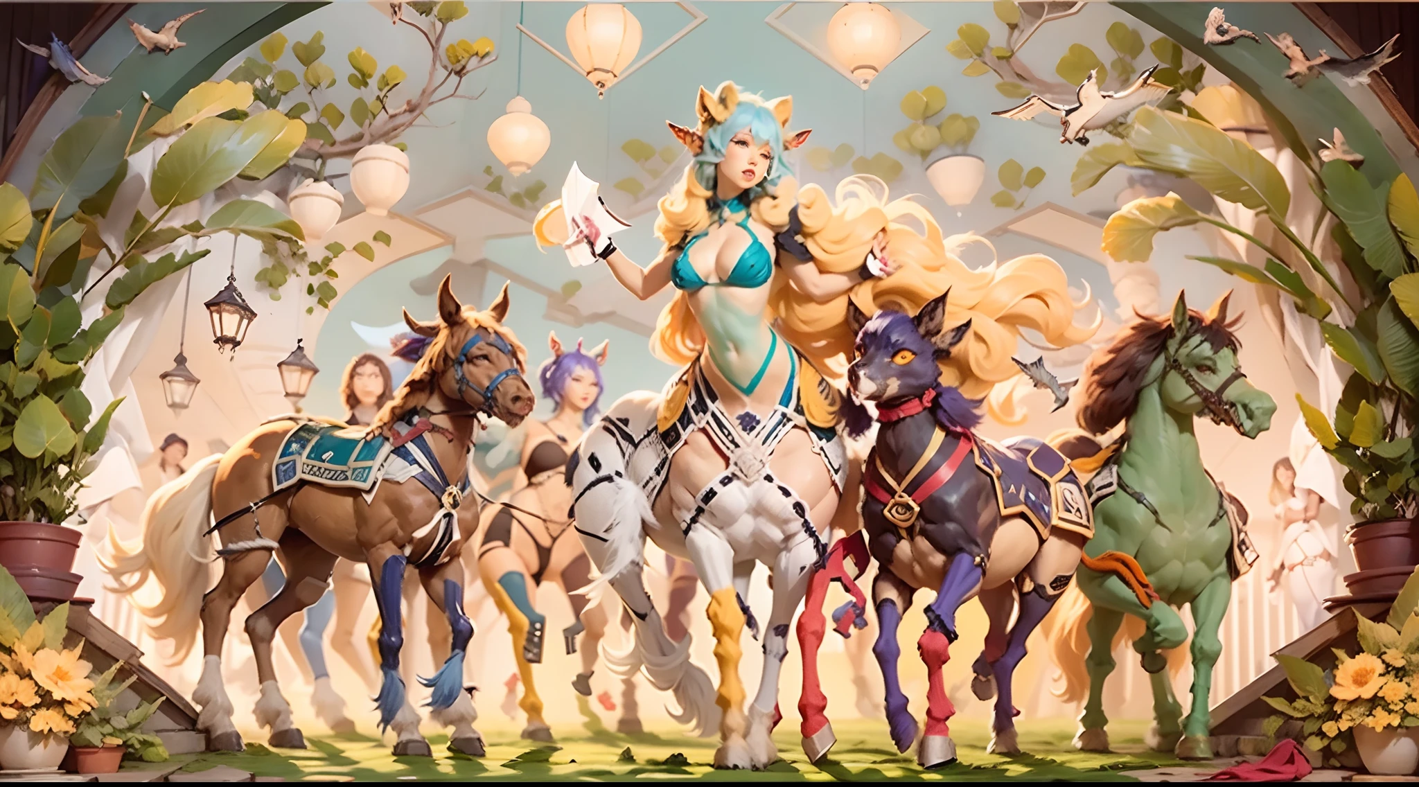In the beautiful illustration of this super-grand scene,The ultra-distant lens shows us(Over eight separate and distinctive centaur characters:9.9),They all have their own characteristics,Vivid and interesting。Radiant from the heavens(Angelic centaurs:6.6),To nightmarish is(Centaurs surrounded by flames:6.6)、And then to the wind dancing in the air(Fairy centaurs:6.6)、And thunder and lightning surrounding(One-horned centaur:6.6),and shining metallic ones(Mechanical style centaur:6.6)、And then(A centaur with colorful dragon scales covering the whole body:6.6)The power is powerful、Elegant and agile(Elf centaur's slenderness:6.6)Gracefully wears a flower crown、Enchanting and charming(Tiflin centaurs:6.6)、Have the indescribable(Raised sexy:6.6)'s(Succubus centaurs:6.6)。Each character has their own unique charms and abilities。The illustration uses advanced artistic techniques and tools,(Use nesting、woven、stitching、ssee-through、arrange、grouping、Storyboards and other methods,Divide the scene into sections by geometric arrangement:9.9),Each section corresponds to a centaur character,This makes more efficient use of space。Through Midjourney's advanced brush tools、Color palette、Material packs and model packs、Texture tools,For each centaur, beautiful props are designed to increase racial characteristics、Clothing and physical features,(Enhances the character's personality and visual appeal:2.5),The scenery in the illustrations is stunning,There are changing skies、rainbowing、extreme light、Stars and Moon。Incorporating iconic landmarks such as Mount Everest,and fireworks、tranquil lake、Natural and urban elements of waves and neon lights,Creates a magical atmosphere,The centaurs display their unique abilities and equipment in a variety of environments,This is true even in extreme alien landscapes。(Use Midjourney's tools、Material packs、Texture tools、The color palette makes depicting details vivid and realistic:9.9),From complex hairstyles and as well as different racial traits、Body、Ap