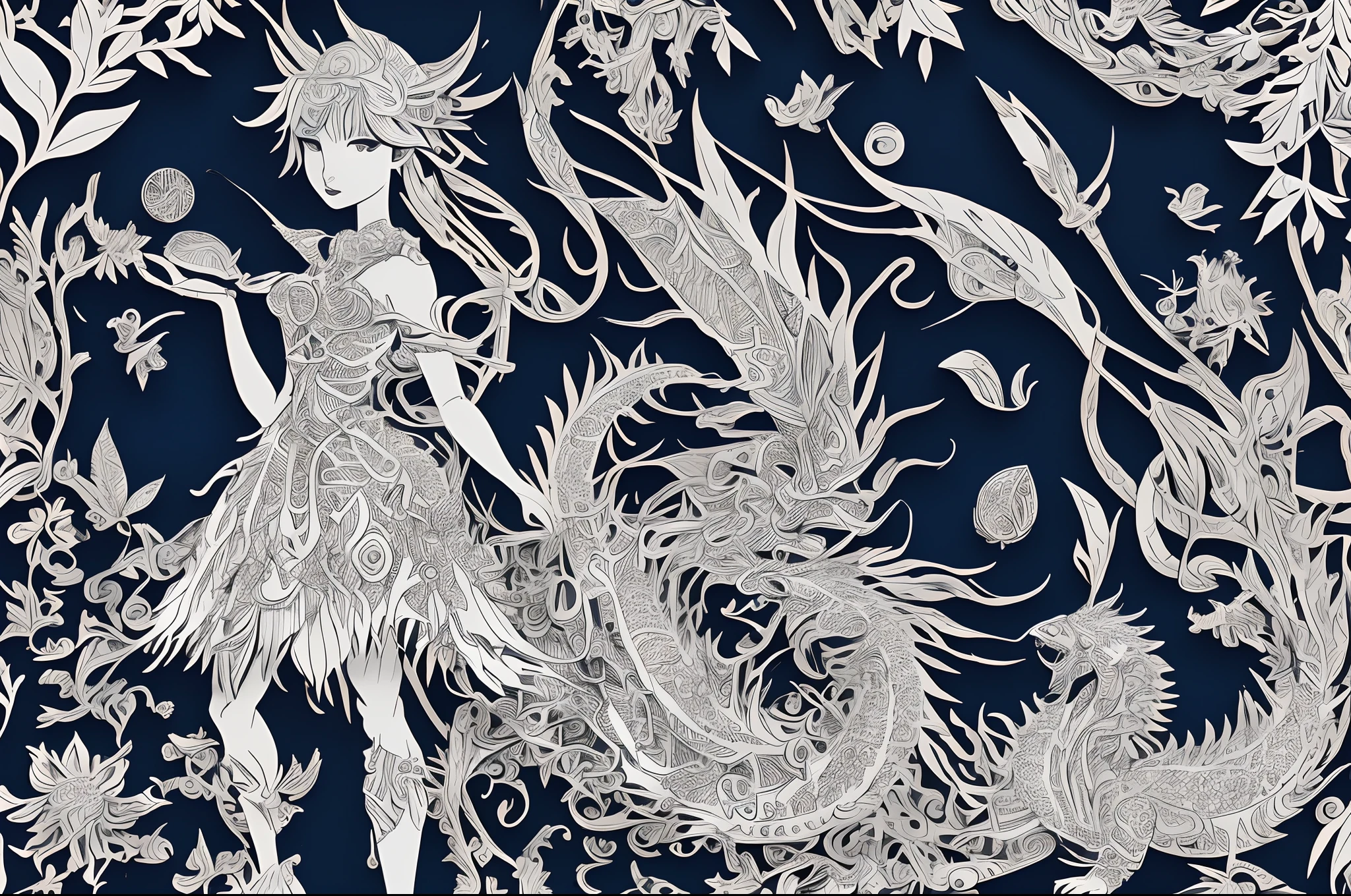 mdjrny-pprct, a girl and a dragon, great work of art, very detailed, best quality, award-winning paper cutting work