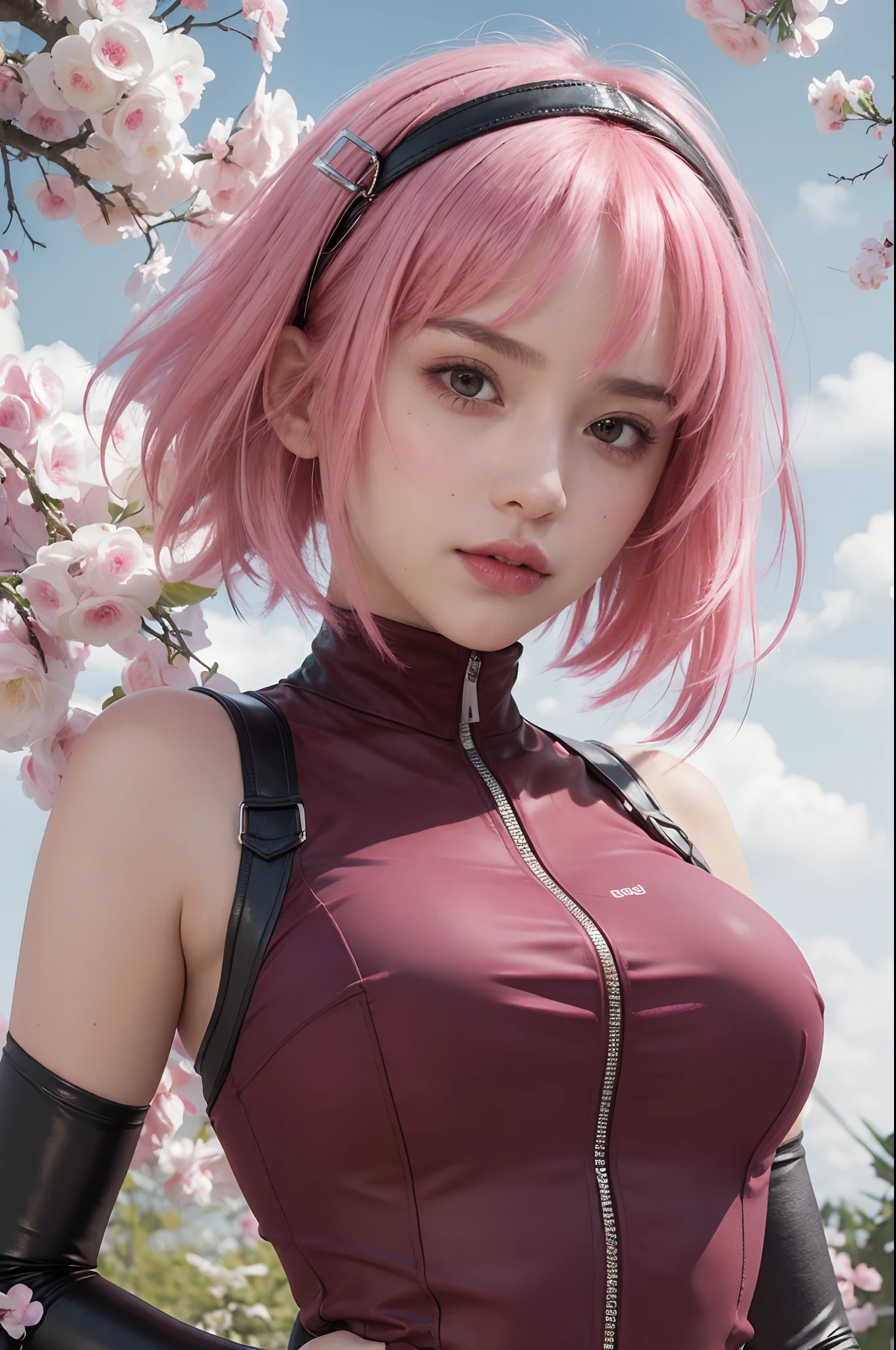 best quality, masterpiece, (photorealistic:1.4), 1girl, raw, ultra hd, dramatical light, glowing skin, short hair, pink hair color,red headband, big boobs