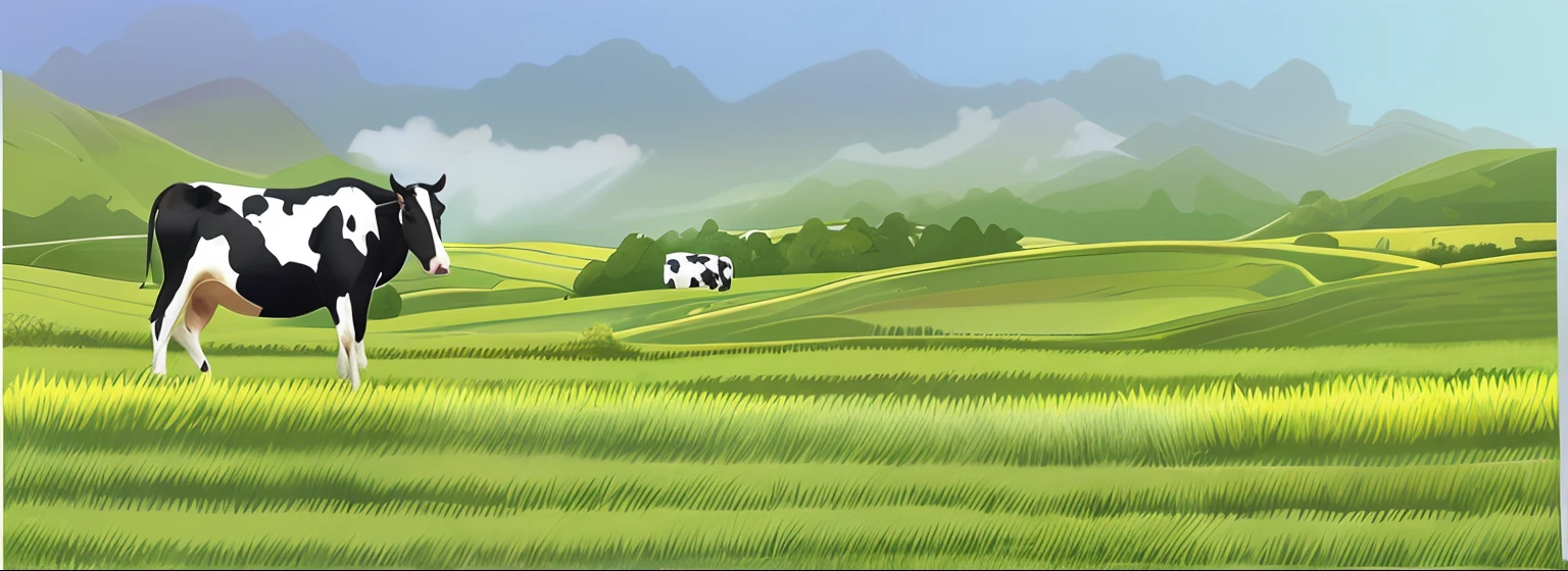 There was a cow standing in the grass, Landscape illustration, anime countryside landscape, grass mountain landscape, natural landscape background, farm field background, Landscape background, Detailed 2D illustration, farm background, Beautiful Landscape Background, amazing landscape in background, scenic environment, grass field, meadow background, Countryside, Highly detailed illustration.”, Natural landscape, lindo cenario