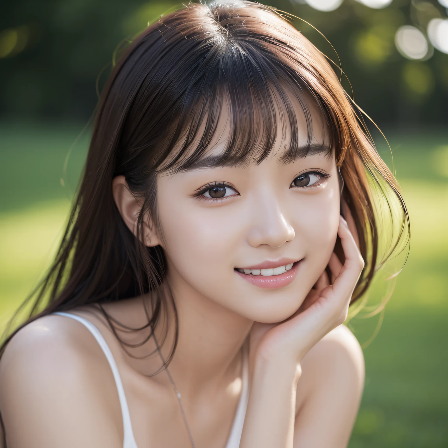 (8K, Raw photo, Best Quality, masutepiece:1.2), Ultra Detail, Super Resolution, (Realistic, photos realistic:1.37), Portrait, high-definition RAW color photography, professional photograpy, highly detailed and beautiful, Extremely detailed, 8K Wallpaper, amazingly detail, Huge file size, Official art, Highly detailed CG Unity 8K wallpapers, highly detailed beautiful girl, Highly detailed face, Highly detailed eyes, highly detailedskin, extremely detailed fingers, highly detailed nose, very detailed detailed mouth , Perfect Anatomy, Highly detailed background, Very detailed clothes, 1girl in, (20:1.2), 20s, Cute Girl, Realistic body,, Fair skin, Glowing skin , Handsome body, Black hair , Short hair, (Blunt bangs:1.2), Smile, Cute, Cute face, Realistic face, Delicate eyes, drooping eyes, earrings, Looking at Viewer, facing front, contraposto, Dynamic lighting, Huge breasts, Highly detailed park background, (Full body:1.5), Braless、Pose like a model、Posing like a sexy actress