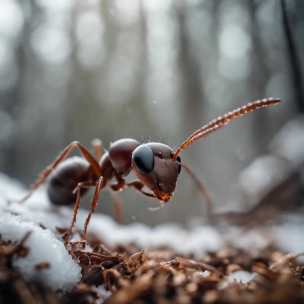 An ant in the snow forest