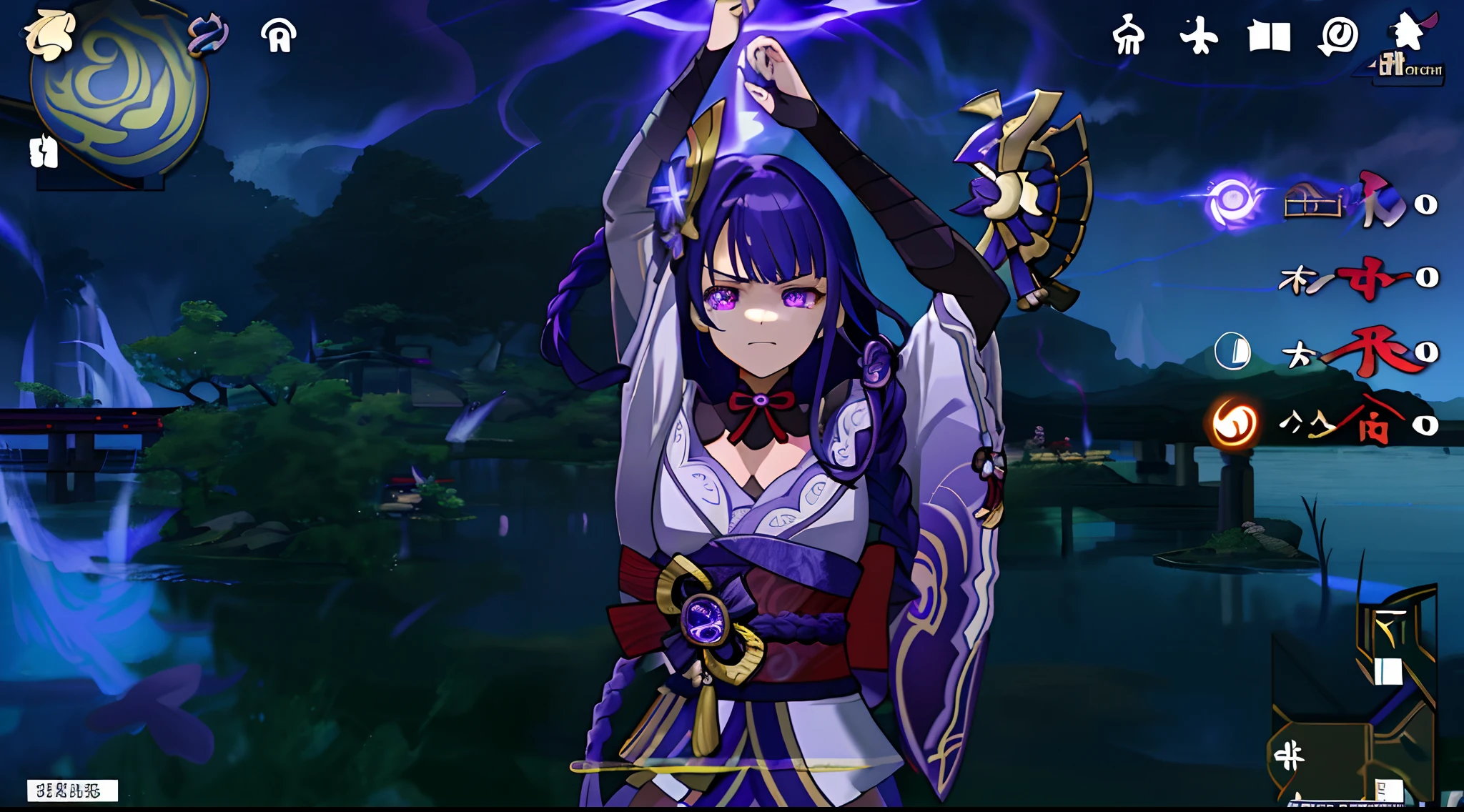 (masterpiece, best quality),1girl, raidenshogundef, raidenshogunrnd, angry, arms up, attack, angry, crying, cute, full body, glowing eye, purple lightning