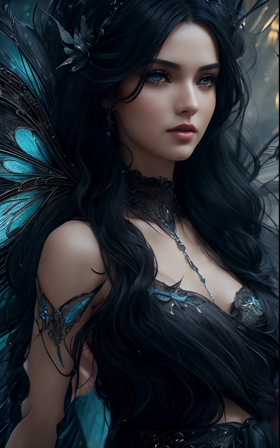 Incredibly hyper-detailed and intricately realistic, ((((full body shot)))), full in screen, RPG fairy, a fairy looking straight at the screen, beautiful fairy with dark wings like silk, in a beautiful dark black dress, long black hair, black color, cinematic ambiance, cinematic lights, beautiful woman, fairy supermodel like, (supermodel in the 20s), realistic face, beautiful black eyes, realistic eyes, skinny body, fit body of a supermodel in the 20s, entire body, ((((full body in screen)))), (long skinny legs like a supermodel), fit body, (centered in the screen),