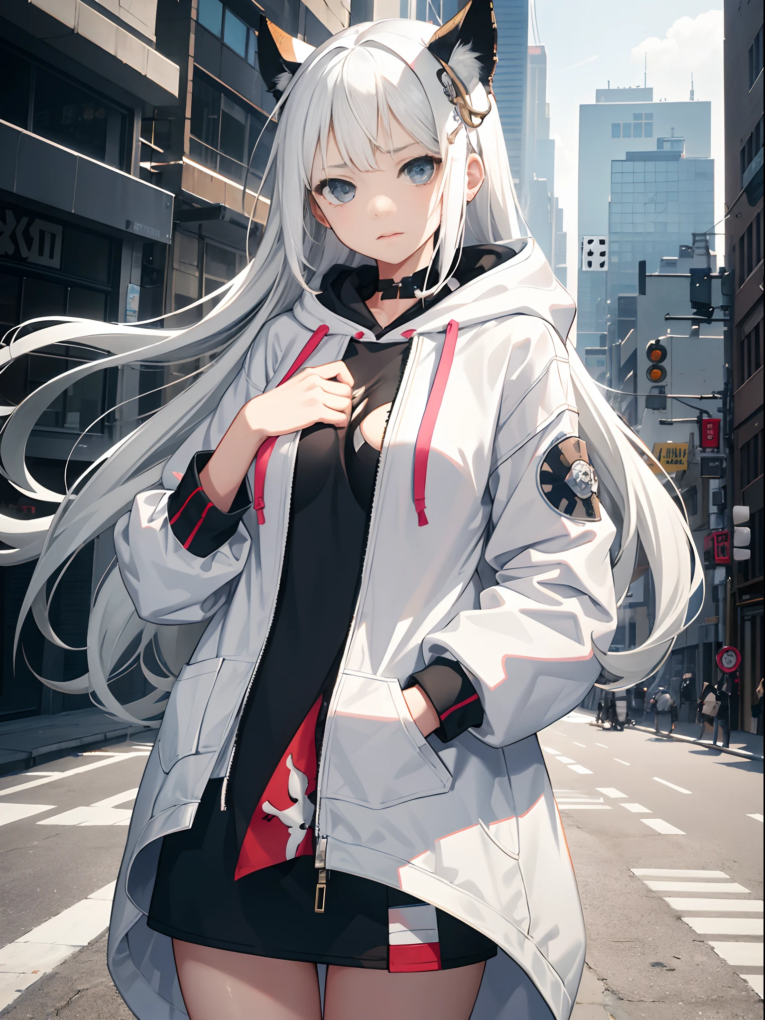 1 girl, Breast in, stitched face, patchwork skin, Closed mouth, Long Hair, face expressionless, City, street, White hair, stitched face, Patchwork skin, Cowboy shot, ( Hoodie), (Hand in pocket), Open white coat, Inside, she wears short black sleeves with a love motif on them,