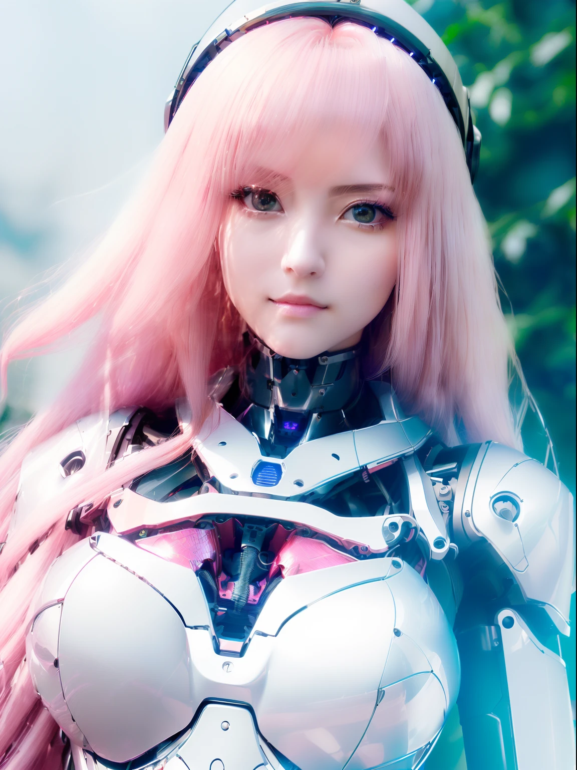 ((masutepiece)), ((top-quality), high quarity、ultra-definition, Realistic,  fulcolor 、One beautiful robot woman、Joints of machines、Frame of the machine、Thick wire joints、White porcelain armor、(Curvaceous face)、deadpan、Pink Long Hair、Wide Shot、((Electronic substrate))、