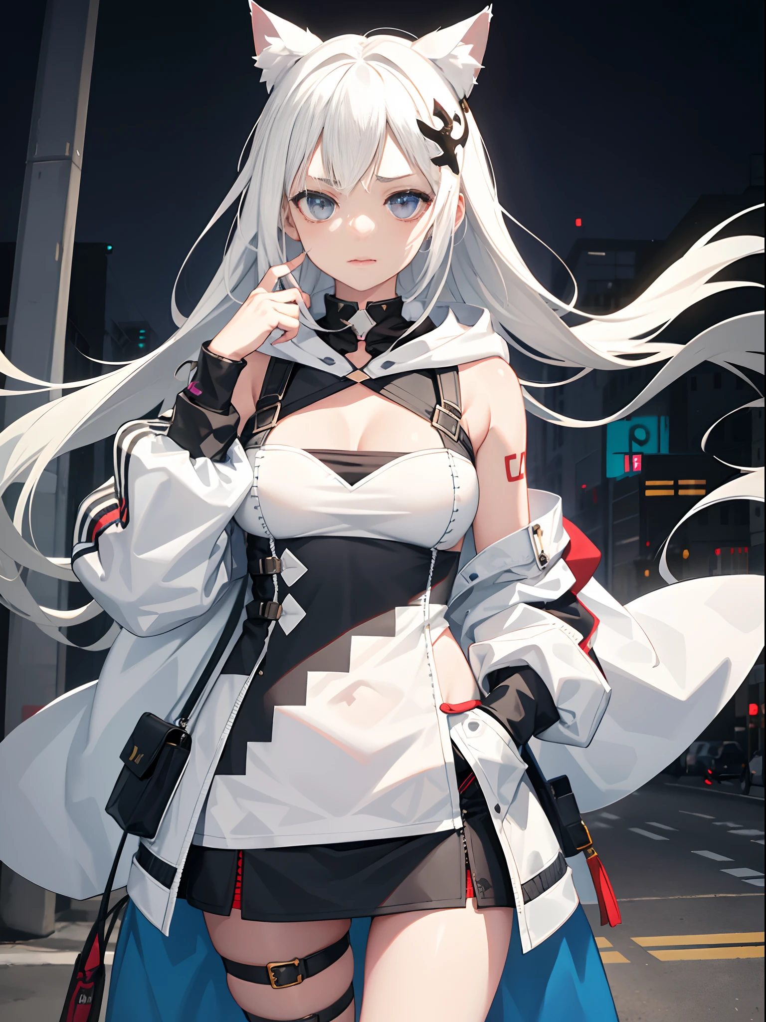 1 girl,  Breast in, stitched face, patchwork skin, Closed mouth, Long Hair, face expressionless, City, street, White hair, stitched face, Patchwork skin, Cowboy shot, ( Hoodie), (Hand in pocket), Open white coat, Inside, she wears short black sleeves with a love motif on them, cat ears