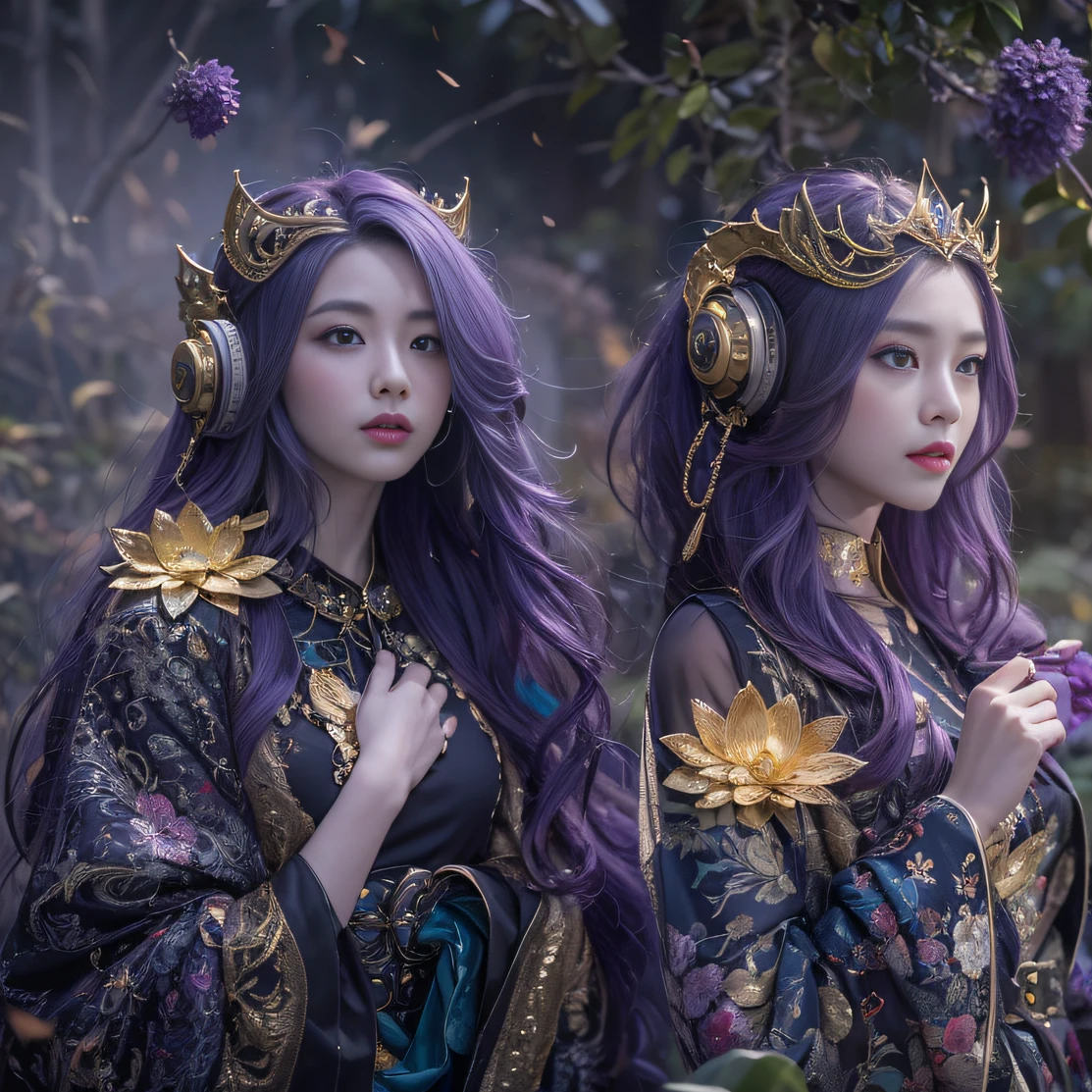Genki Girl 32K(tmasterpiece,k hd,hyper HD,32K)Long flowing bright purple hair,Autumn Pond,zydink, a color, Proud of the Continent (The astronaut), (Black and gold scarf), Combat posture, looking at the ground, long whitr hair, Floating bright purple, Fire cloud pattern gold tiara, Chinese long-sleeved gold silk garment, (Abstract metaverse splash:1.2), white backgrounid,Lotus vitality protector(realisticlying:1.4),Bright purple hair,Smoke on the road,The background is pure, A high resolution, the detail, RAW photogr, Sharp Re, Nikon D850 Film Stock Photo by Jefferies Lee 4 Kodak Portra 400 Camera F1.6 shots, Rich colors, ultra-realistic vivid textures, Dramatic lighting, Unreal Engine Art Station Trend, cinestir 800,A girl with long flowing bright purple hair