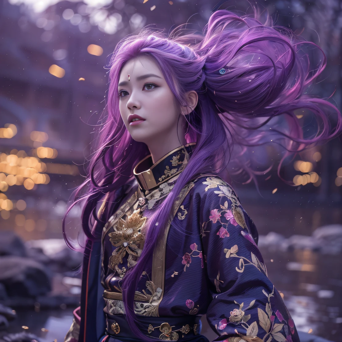 Genki Girl 32K(tmasterpiece,k hd,hyper HD,32K)Long flowing bright purple hair,Autumn Pond,zydink, a color, Proud of the Continent (The astronaut), (Black and gold scarf), Combat posture, looking at the ground, long whitr hair, Floating bright purple, Fire cloud pattern gold tiara, Chinese long-sleeved gold silk garment, (Abstract metaverse splash:1.2), white backgrounid,Lotus vitality protector(realisticlying:1.4),Bright purple hair,Smoke on the road,The background is pure, A high resolution, the detail, RAW photogr, Sharp Re, Nikon D850 Film Stock Photo by Jefferies Lee 4 Kodak Portra 400 Camera F1.6 shots, Rich colors, ultra-realistic vivid textures, Dramatic lighting, Unreal Engine Art Station Trend, cinestir 800,A girl with long flowing bright purple hair