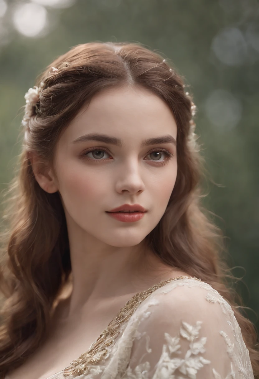 A woman with long hair wearing a white dress and a flower in her hair ...