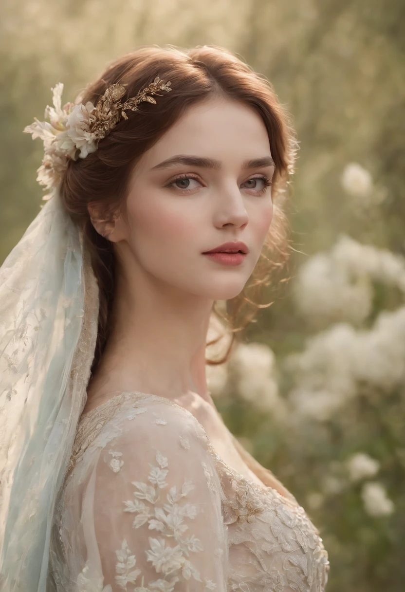 (Best quality, 4K, 8K, A high resolution, Masterpiece:1.2), Ultra-detailed, Realistic portrait of an aristocratic maiden, Exquisite facial features，Detailed expression, Graceful posture, Dreamy atmosphere, expressive brush strokes, mystical ambiance, Artistic interpretation,Delicately coiled hair，Delicate floral jewelry，Small fresh aesthetics，Stunning intricate costumes, a whimsical illustration, Subtle colors and tones, mystical aura,The details have been upgraded