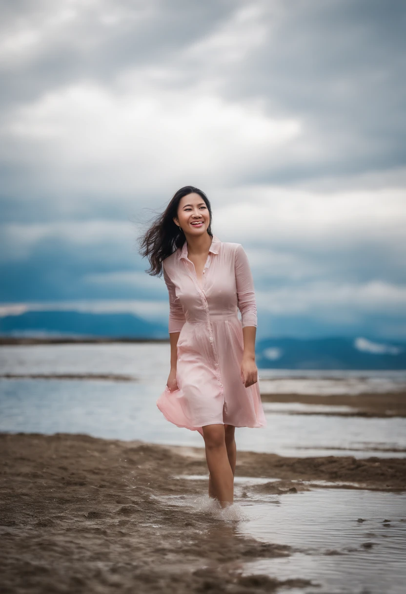 An Asian beautiful woman in pink latex shiny rain boots stepping on water playing in the river，Part of the rain boots close-up，Get wet，Short white dress，Clear river water，There are pebbles in the water，Happy expression，Laughed，with blue sky and white clouds，light and shadow effect，High-precision details，Full body photo，Authentic photo texture，The picture is clear，9 head body proportions