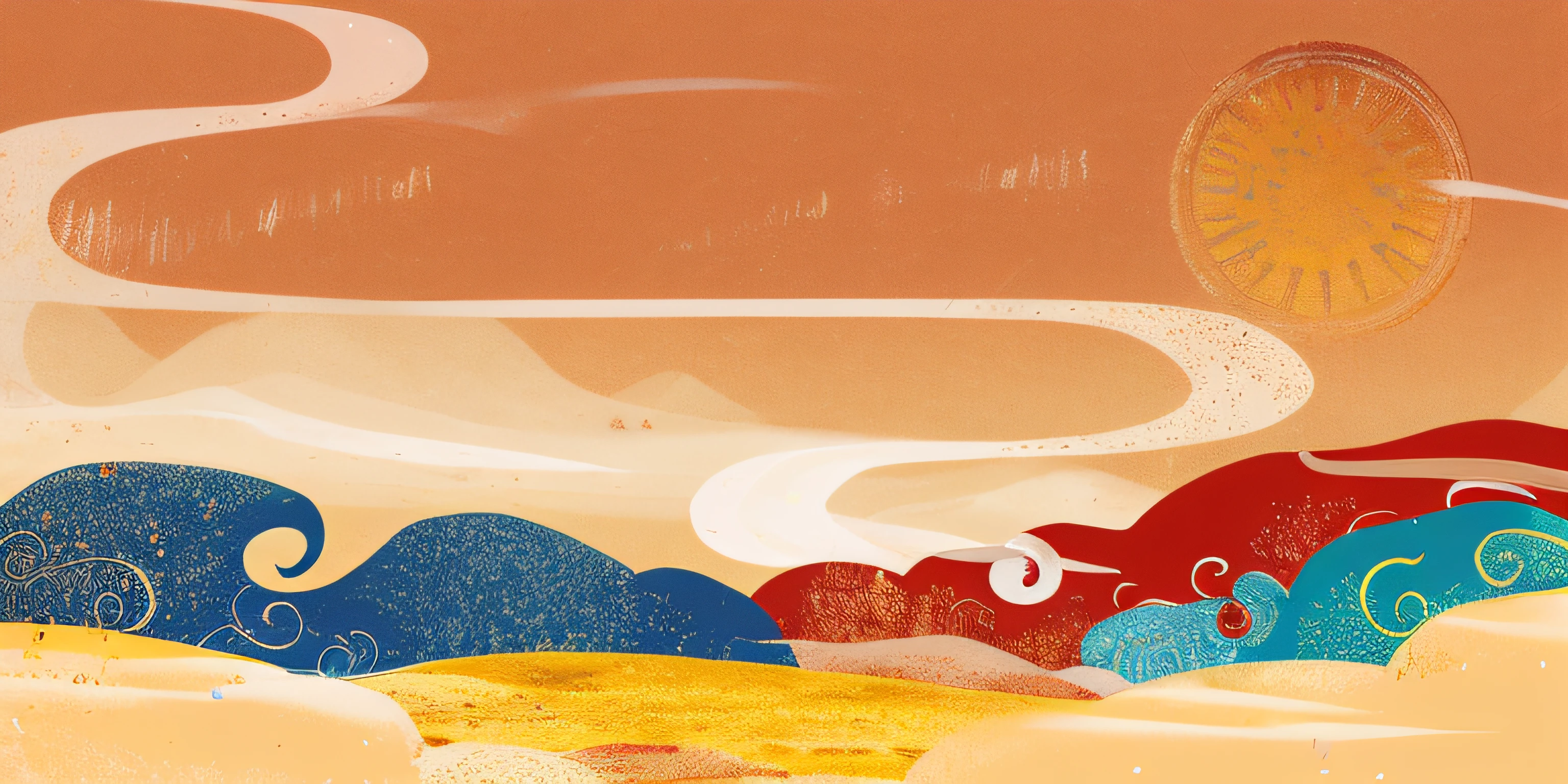 There is a painting，The painting is of a man riding a horse in the desert, warm color scheme art rendition, Granular matte painting, sunset illustration, Stylized digital illustration, arte de fundo, matte digital illustration, golden hour background, random background scene, Landscape illustration, martian sands background, digital landscape art, digital graffiti landscape, Vivid abstract landscape