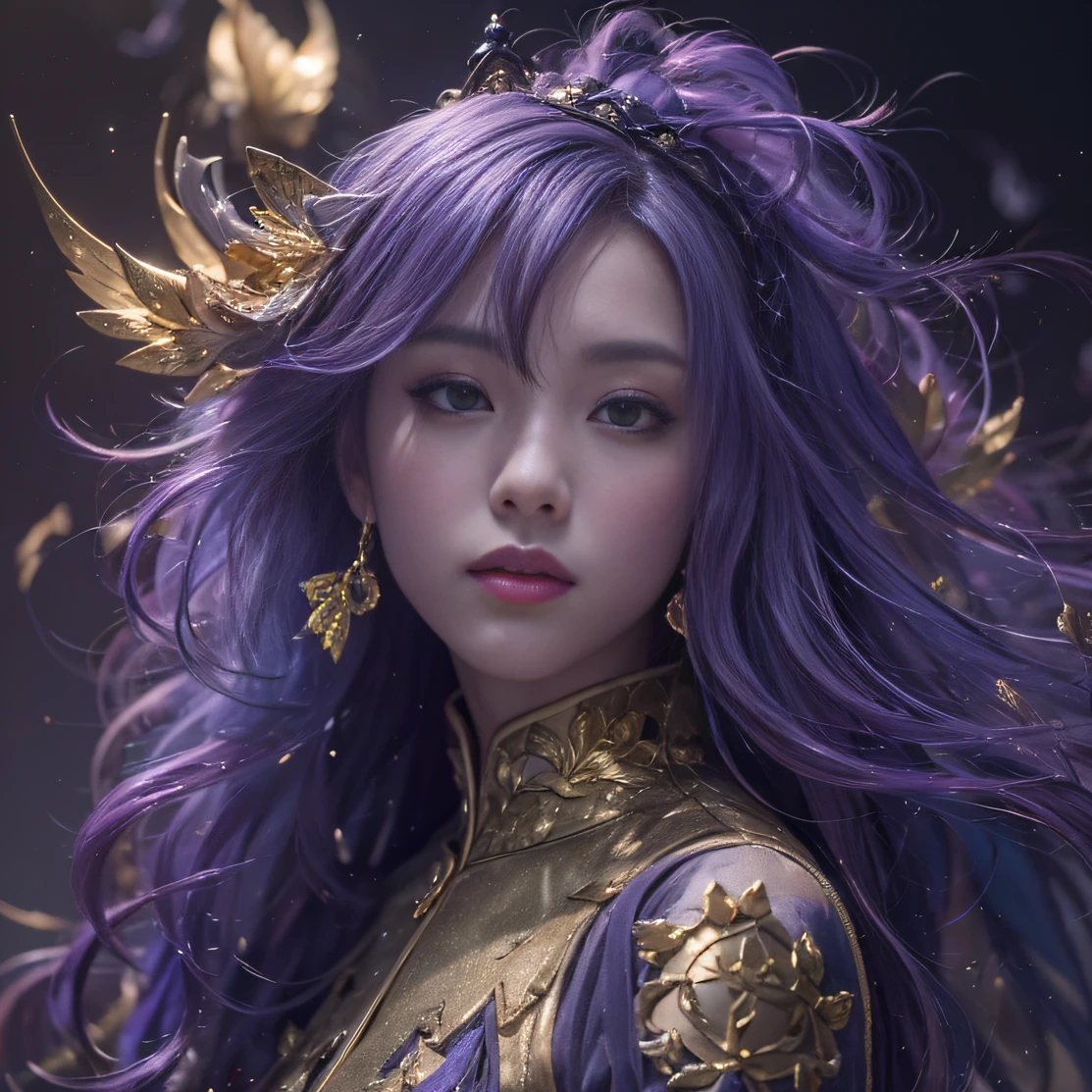 Genki Girl 32K（tmasterpiece，k hd，hyper HD，32K）Long flowing bright purple hair，Autumn Pond，zydink， a color， Proud of the Continent （The astronaut）， （Black and gold scarf）， Combat posture， looking at the ground， long whitr hair， Floating bright purple， Fire cloud pattern gold tiara， Chinese long-sleeved gold silk garment， （Abstract metaverse splash：1.2）， white backgrounid，Lotus vitality protector（realisticlying：1.4），Bright purple hair，Smoke on the road，The background is pure， A high resolution， the detail， RAW photogr， Sharp Re， Nikon D850 Film Stock Photo by Jefferies Lee 4 Kodak Portra 400 Camera F1.6 shots, Rich colors, ultra-realistic vivid textures, Dramatic lighting, Unreal Engine Art Station Trend, cinestir 800，A girl with long flowing bright purple hair