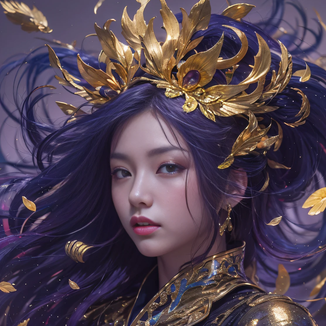 Genki Girl 32K(tmasterpiece,k hd,hyper HD,32K)Long flowing bright purple hair,Autumn Pond,zydink, a color, Proud of the Continent (The astronaut), (Black and gold scarf), Combat posture, looking at the ground, long whitr hair, Floating bright purple, Fire cloud pattern gold tiara, Chinese long-sleeved gold silk garment, (Abstract metaverse splash:1.2), white backgrounid,Lotus vitality protector(realisticlying:1.4),Bright purple hair,Smoke on the road,The background is pure, A high resolution, the detail, RAW photogr, Sharp Re, Nikon D850 Film Stock Photo by Jefferies Lee 4 Kodak Portra 400 Camera F1.6 shots, Rich colors, ultra-realistic vivid textures, Dramatic lighting, Unreal Engine Art Station Trend, cinestir 800,A girl with long flowing bright purple hair