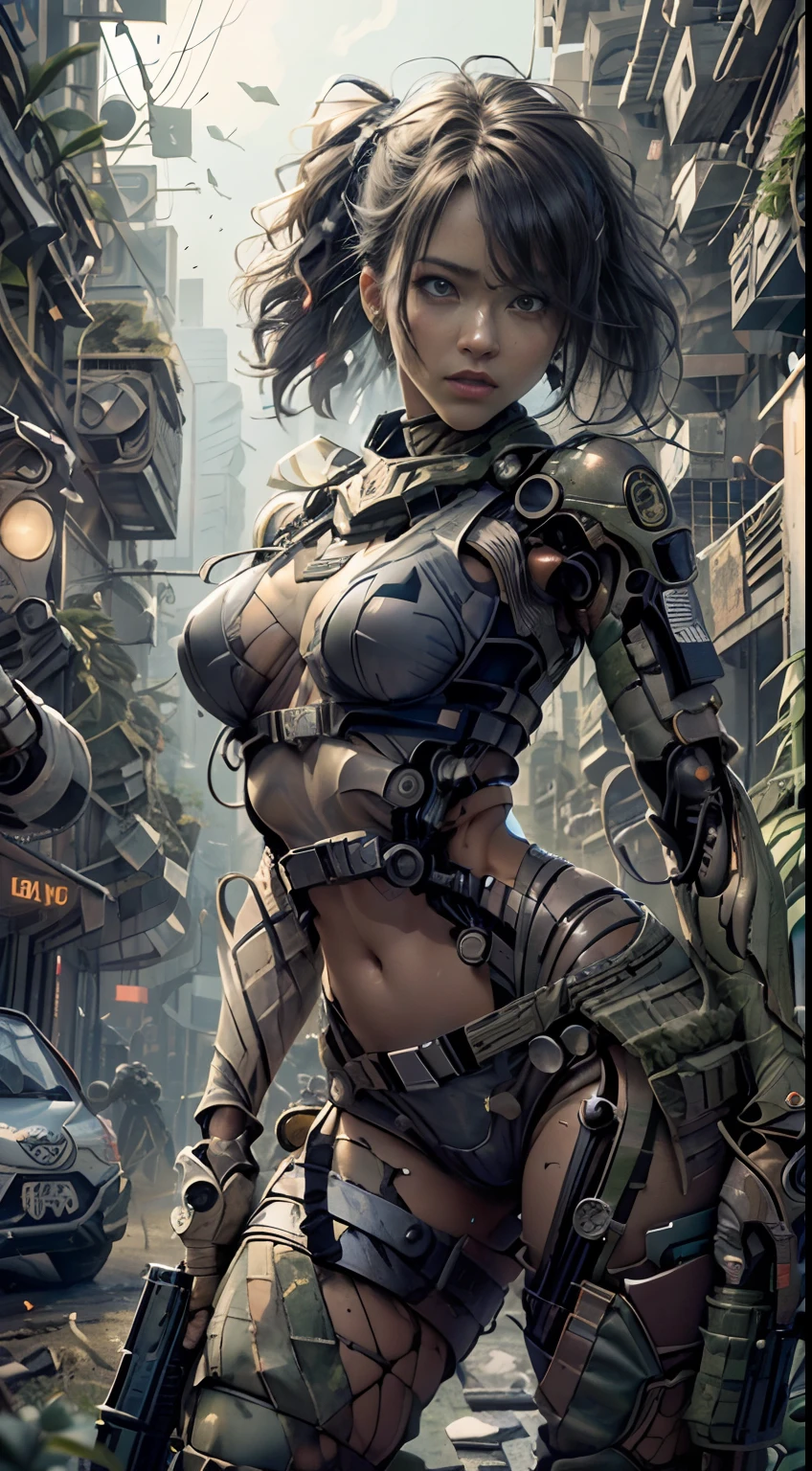 Masterpiece,(best qualtiy),highly detailed,Ultra-detailed,Masterpiece,(best qualtiy),highly detailed,Realistic photos, 1 mechanical female soldier, solo person, (full bodyesbian),(Holding an M4 A1 rifle gun:1.5) ,crNanosuit, high ponytails,(Blue eyes),(Machine-made joints:1.5), Mechanical limb,huge tit,Wire,(Fighting posture), (Murderous face), (tactical gear:1.2), High contrast, extreme hight detail,highest details,(during night:0.7), (urban surroundings), (glowing neon lights:0.9), (smoke effect:0.6),depth of fields, Maximum clarity and sharpness, Many-Layer Textures, Albedo e mapas Speculares,Surface coloring,Accurately simulate photo-material interactions,perfectly proportions,rendering by octane,twotonelighting,largeaperture,Low ISO,White balance,trichotomy,8K raw data,High-Efficiency Sub-Pixel,sub-pixel convolution