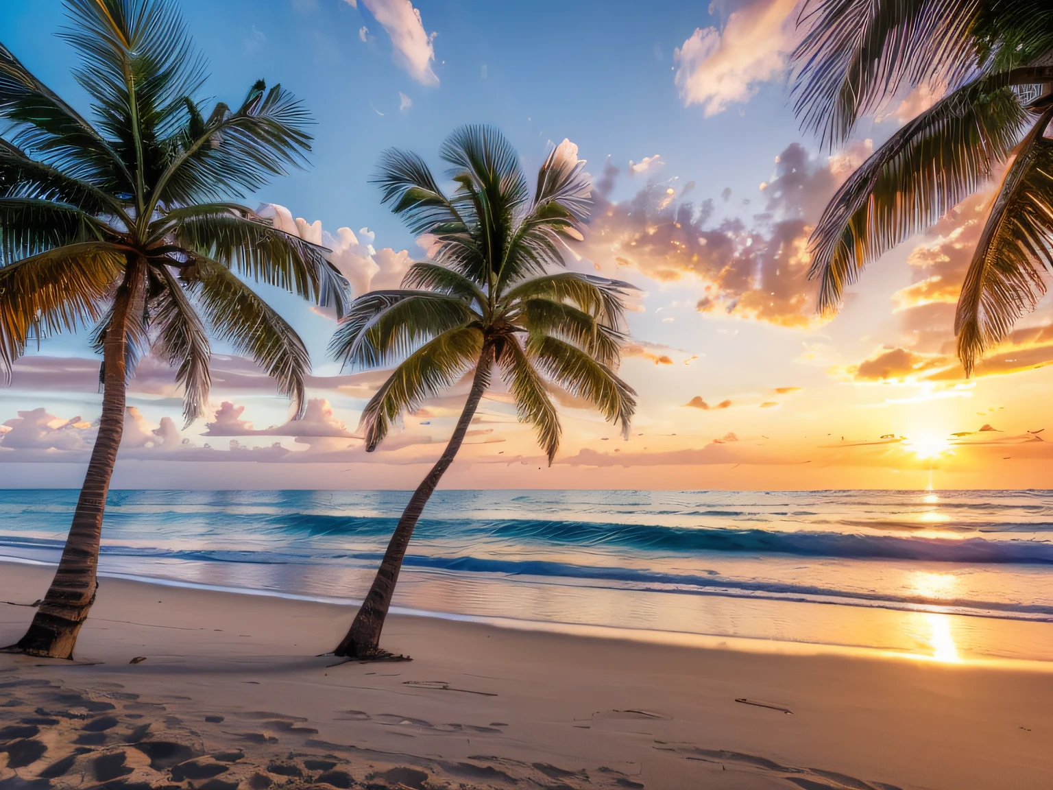 (high-res:1.2),(best quality,4k,8k,highres,masterpiece:1.2),ultra-detailed,(realistic,photorealistic,photo-realistic:1.37) ,sunset on a tropical beach with azure waters and fine white sand, vivid colors,horizon golden,pastel color skies, gentle waves, palm trees on the shoreline,romantic atmosphere,lens flare,crimson and orange hues